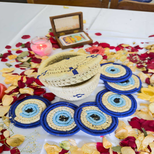 EVIL - EYE Handcrafted Jute Coasters With Sabai Grass Basket (SET OF 6 COASTERS + 1 BASKET)