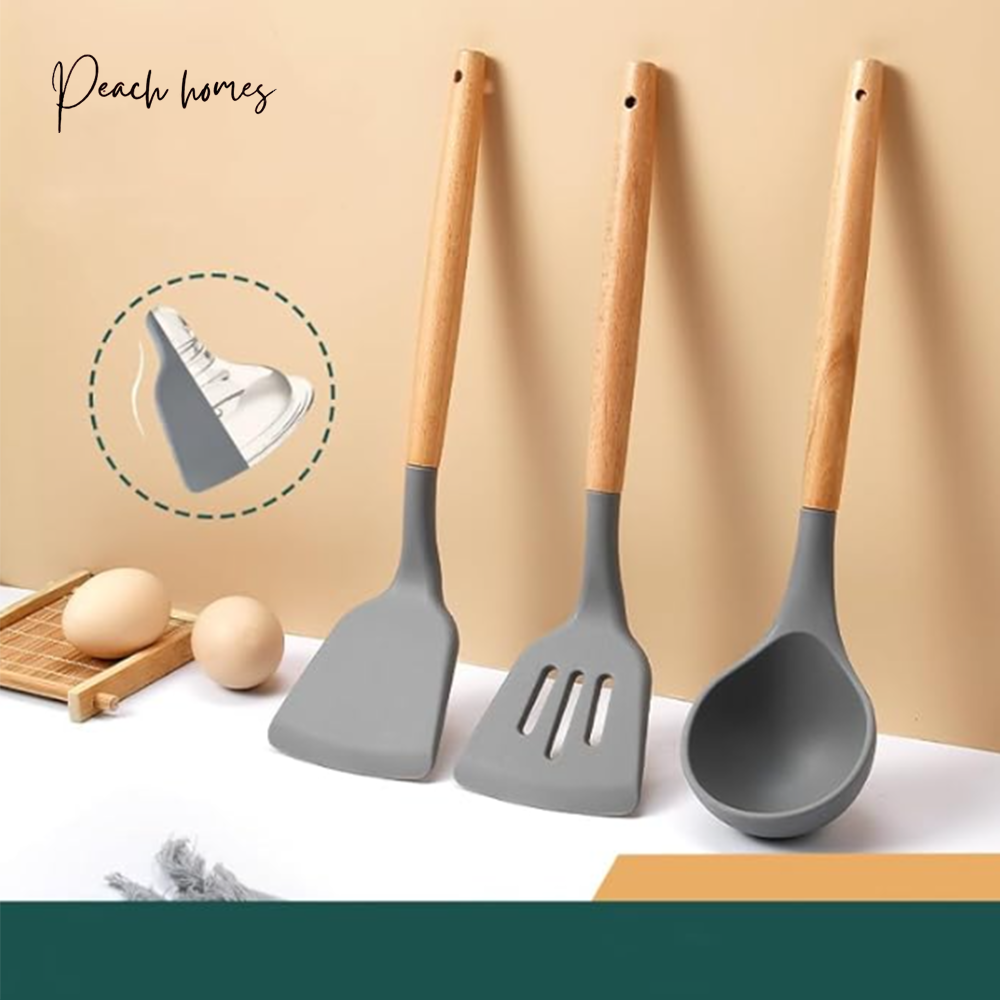 Silicone Spatula Set of 3 – Heat Resistant, Non-Stick, Ergonomic Wooden Handle, 8 Inches, Grey