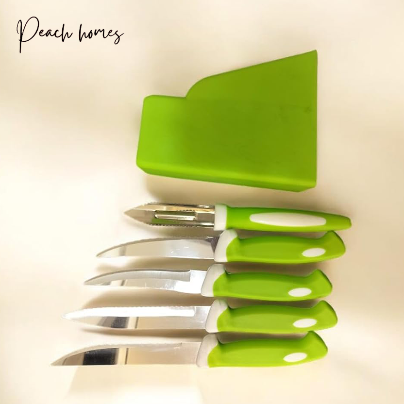 Plastic Kitchen Knife Set with Holder (5-Pieces)