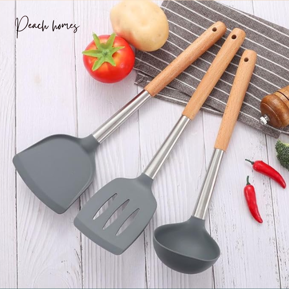 Silicone Spatula Set of 3 – Heat Resistant, Non-Stick, Ergonomic Wooden Handle, 8 Inches, Grey