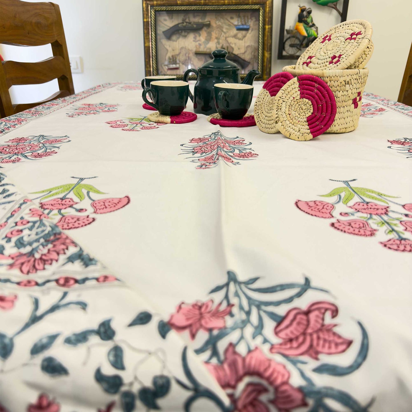 Floral Handblock Table Cover – 60x90 Inches for 6-Seater Dining Tables