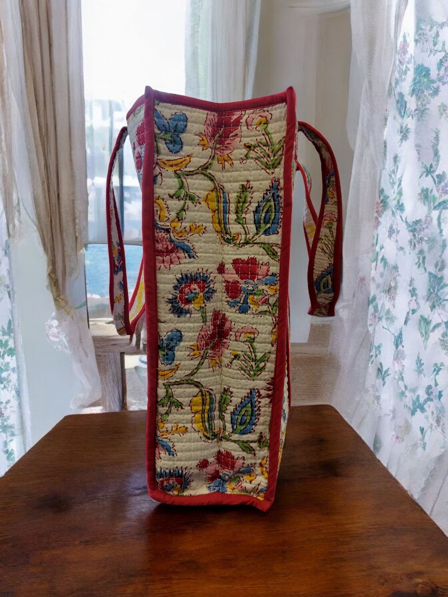 BLOCK N STYLE White Red Floral Cotton Printed Tote Bag – Hand Block Quilted Floral Carry Bag for Women