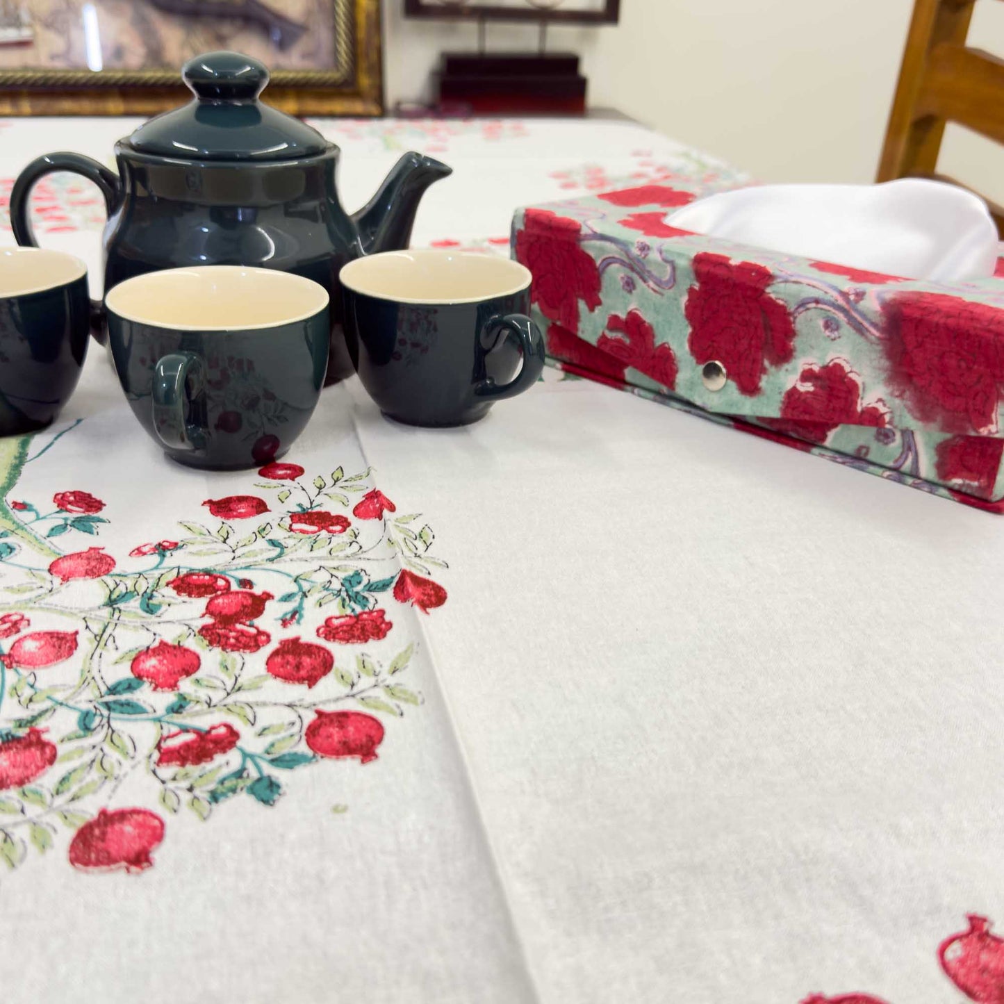 White & Red Cotton Handblock Table Cover – 60x90 Inches for 6-Seater Dining Tables