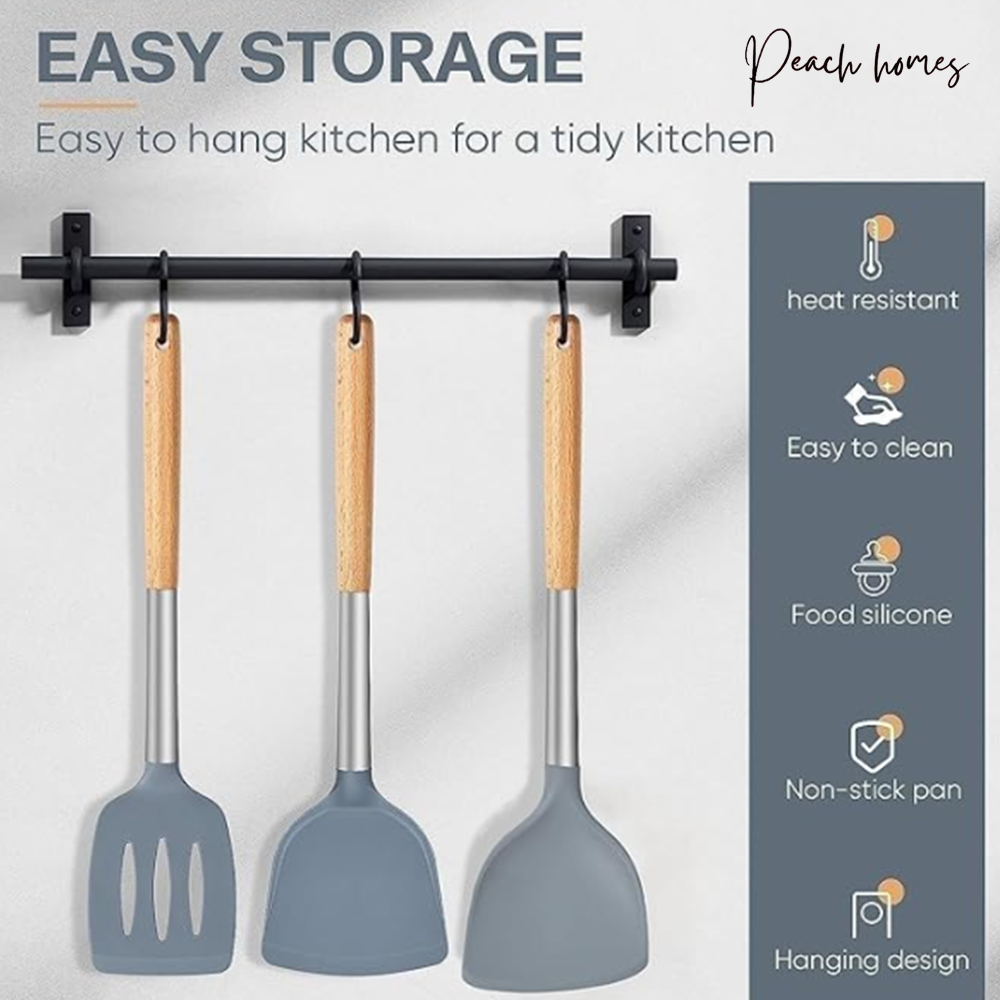 Silicone Spatula Set of 3 – Heat Resistant, Non-Stick, Ergonomic Wooden Handle, 8 Inches, Grey