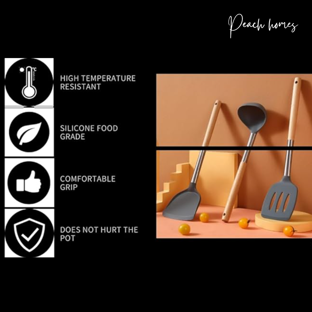 Silicone Spatula Set of 3 – Heat Resistant, Non-Stick, Ergonomic Wooden Handle, 8 Inches, Grey