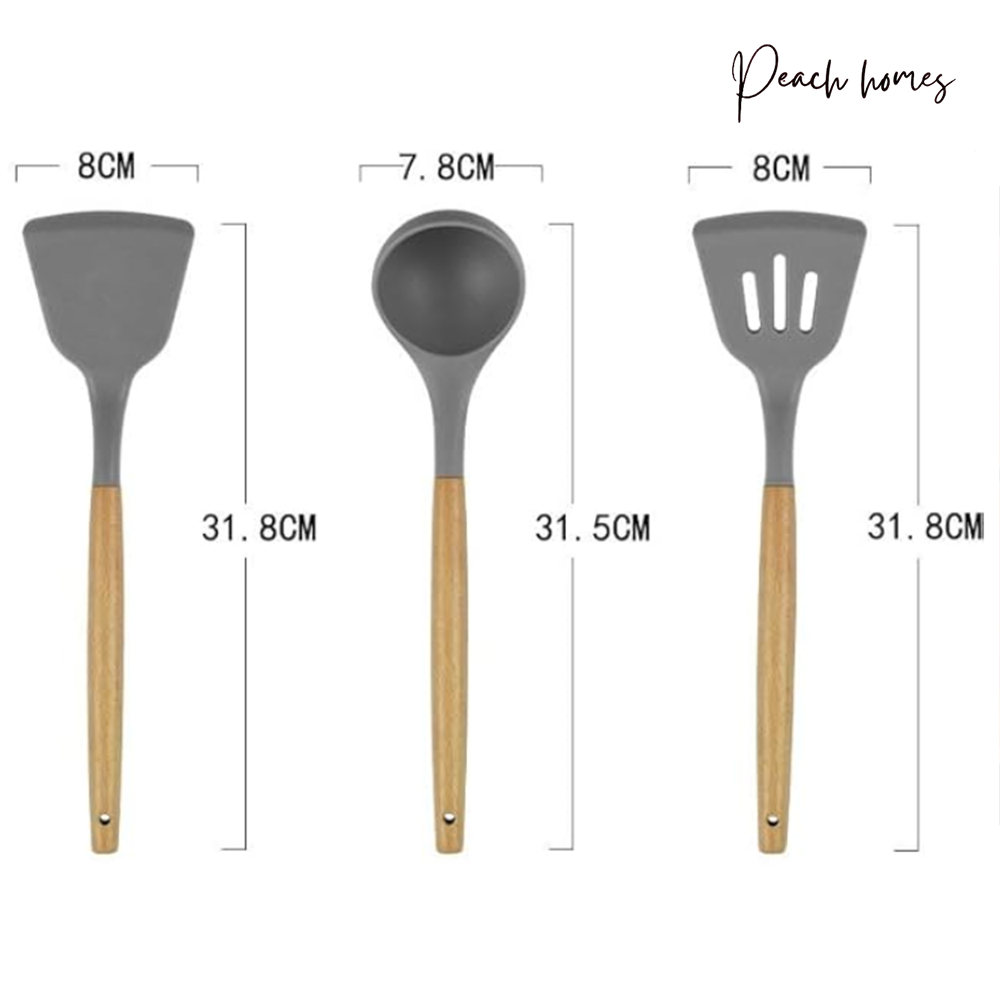 Silicone Spatula Set of 3 – Heat Resistant, Non-Stick, Ergonomic Wooden Handle, 8 Inches, Grey