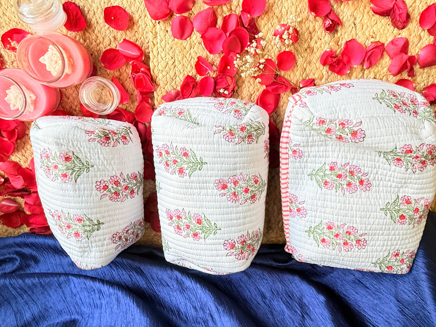 Pink and White Floral Handblock Organizer Travel Pouch Set of 3