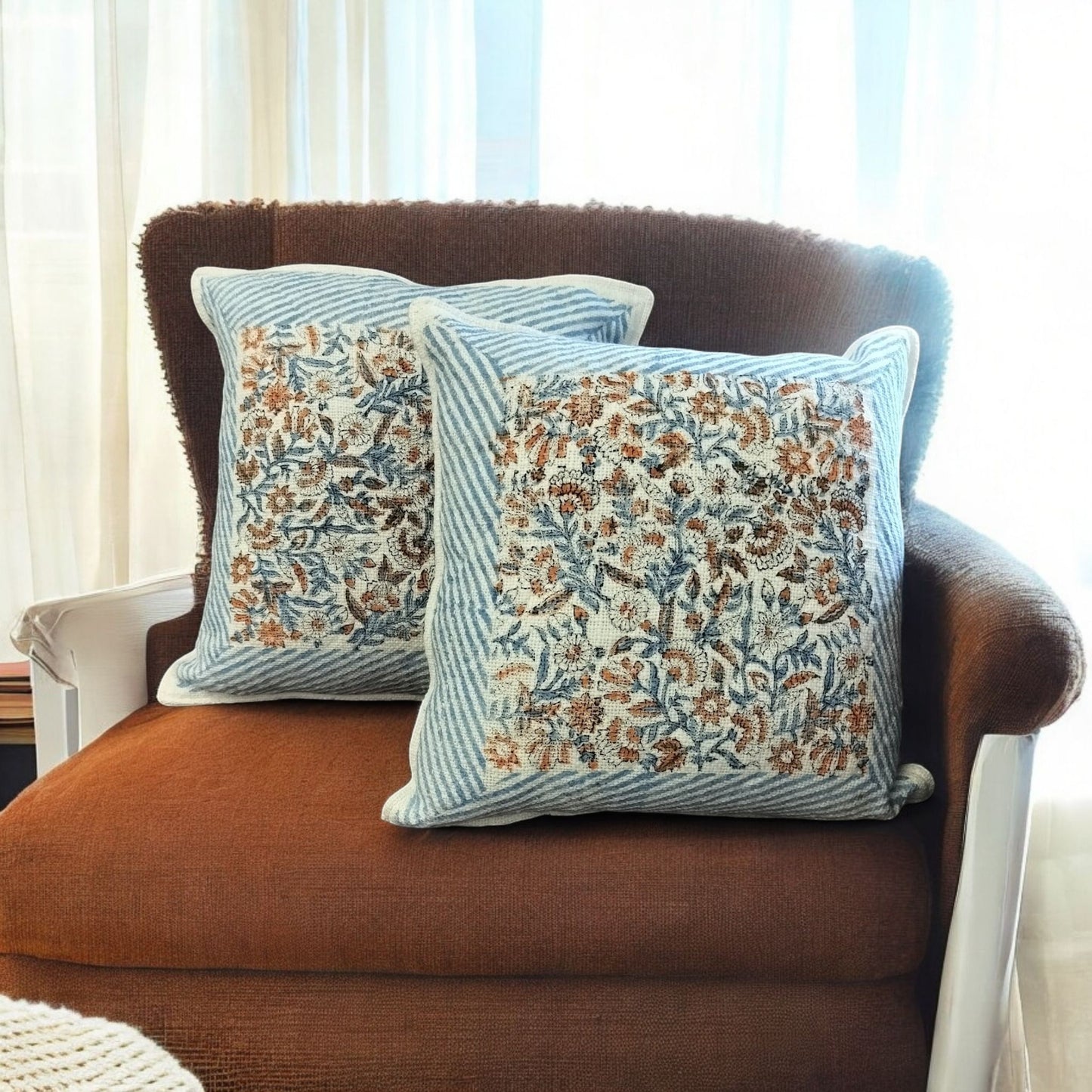 Jute Cushion Cover Set of 2 (Blue and White with Floral Orange)