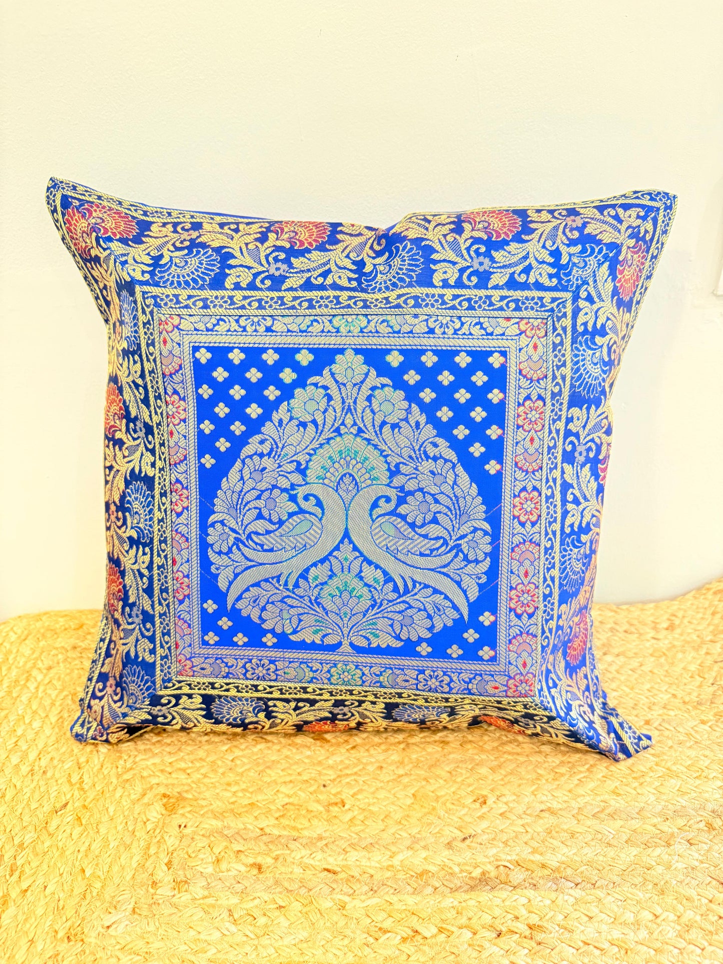 Blue Banarasi Silk Festive Cushion Cover – Luxurious Decorative Pillow Cover for Festive Décor (Copy)
