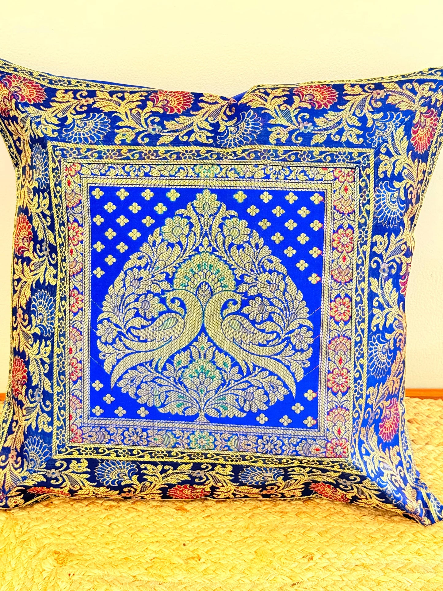 Blue Banarasi Silk Festive Cushion Cover – Luxurious Decorative Pillow Cover for Festive Décor (Copy)