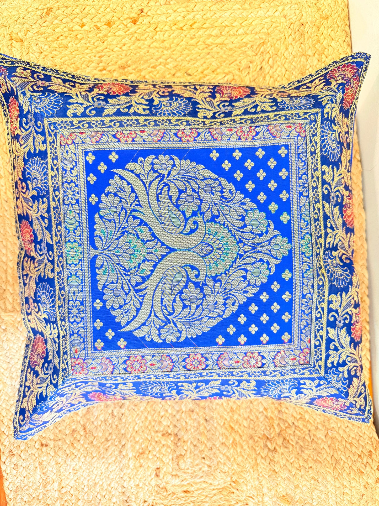 Blue Banarasi Silk Festive Cushion Cover – Luxurious Decorative Pillow Cover for Festive Décor (Copy)