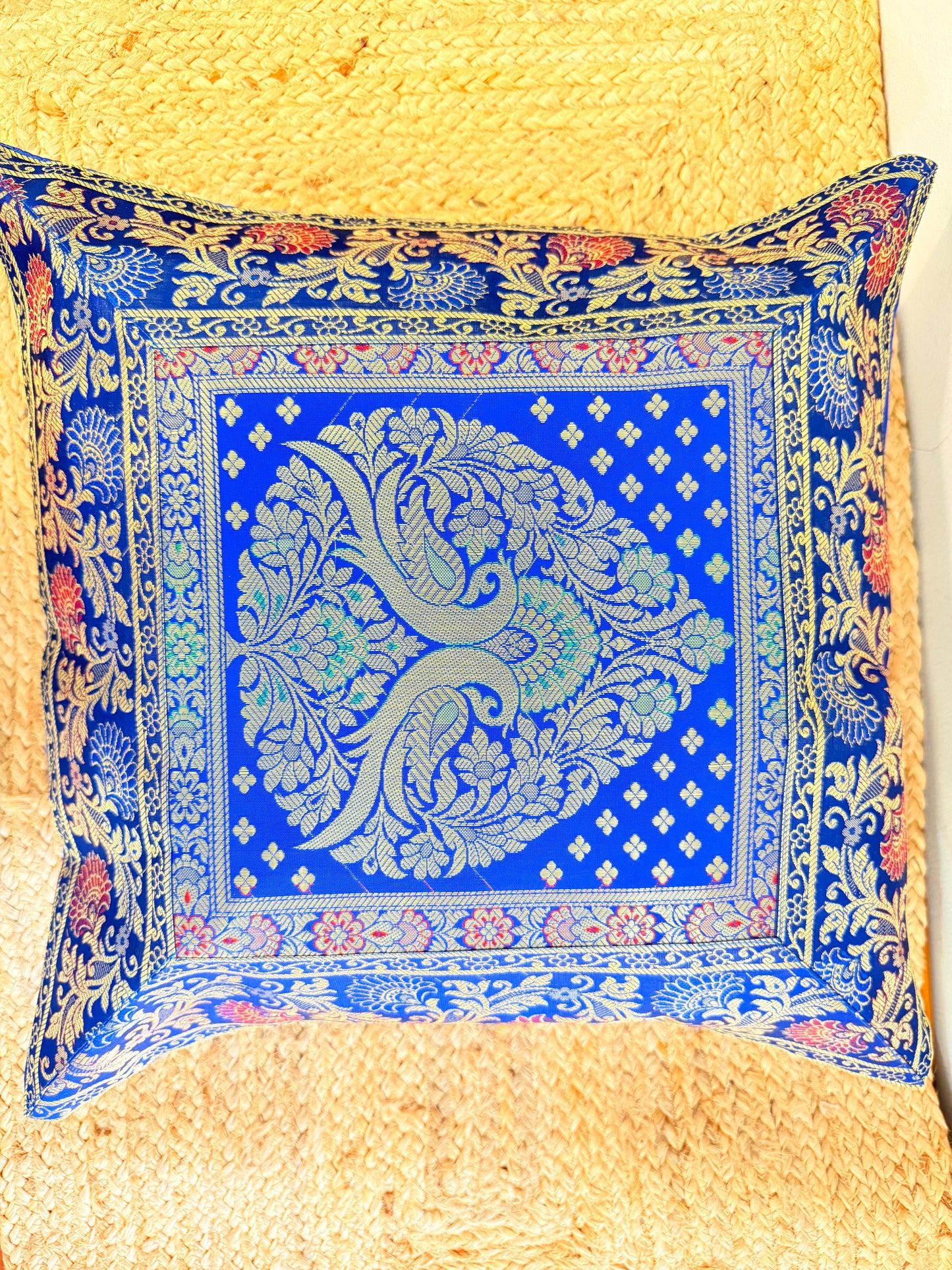 Blue Banarasi Silk Festive Cushion Cover – Luxurious Decorative Pillow Cover for Festive Décor (Copy)