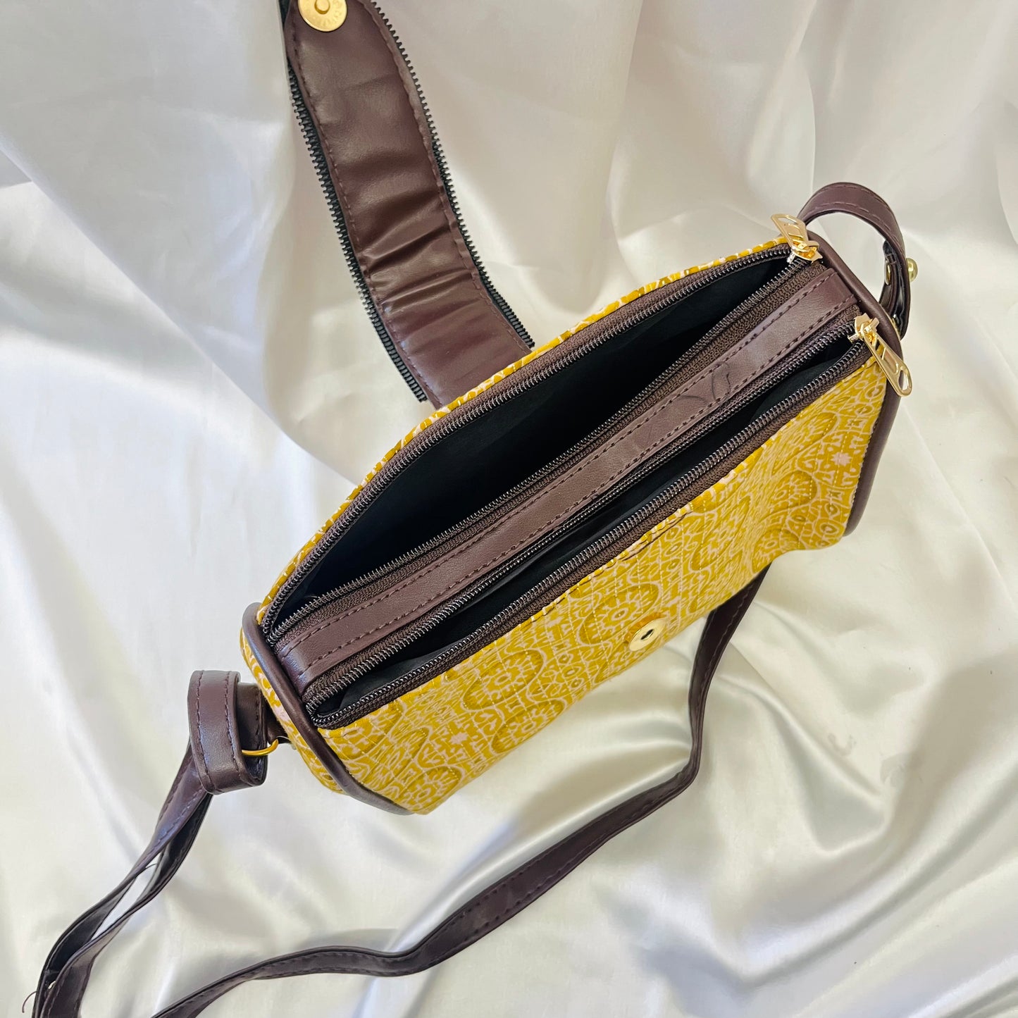 Boho Charm Yellow Handblock Printed Sling Bag