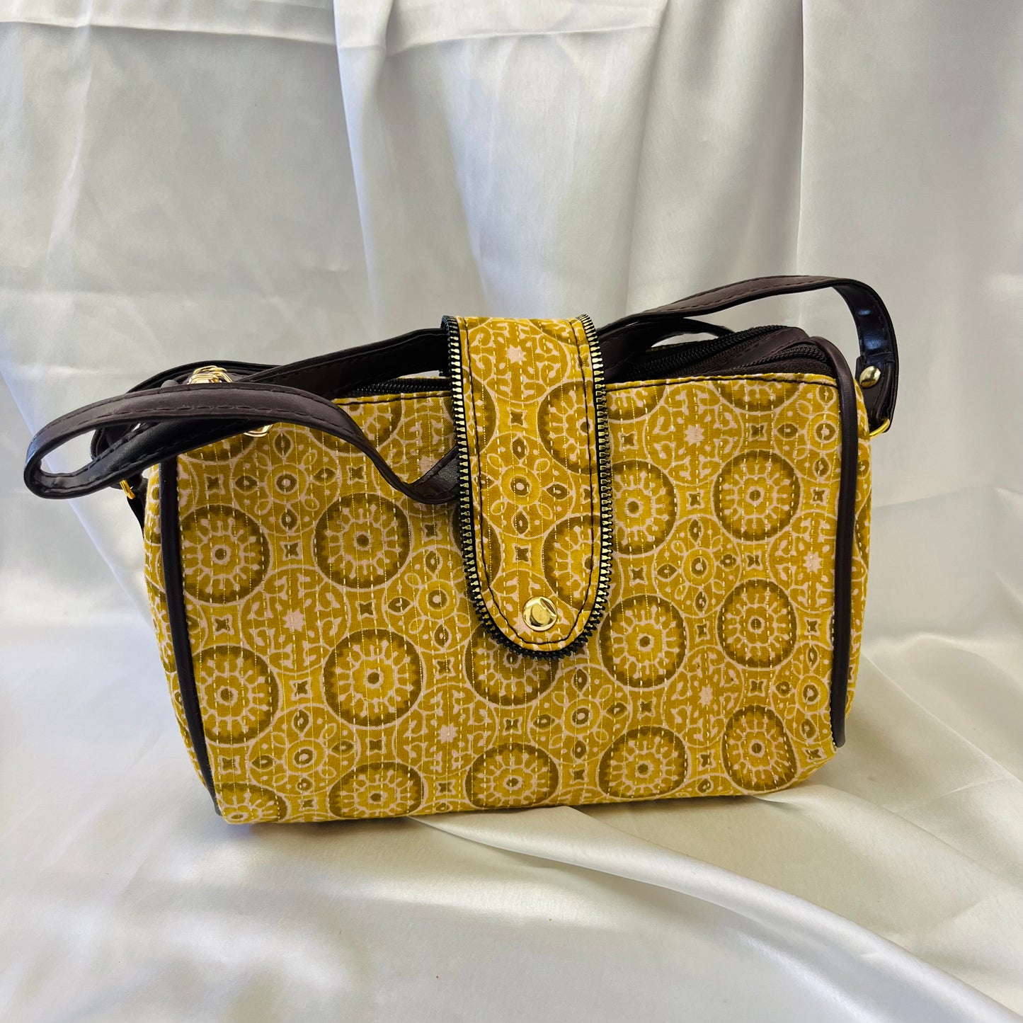 Boho Charm Yellow Handblock Printed Sling Bag