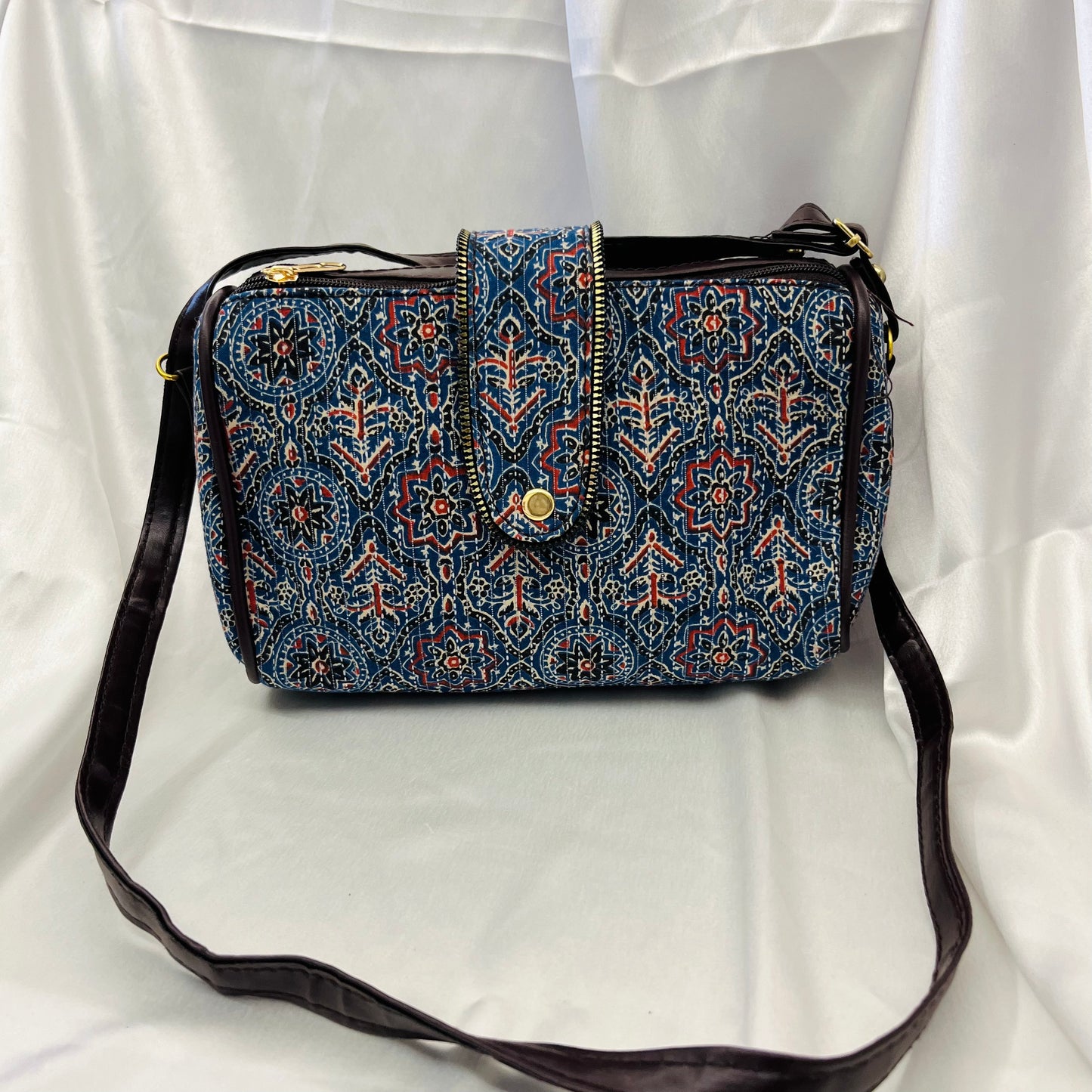 Blue Traditional Floral Handblock Sling Bag