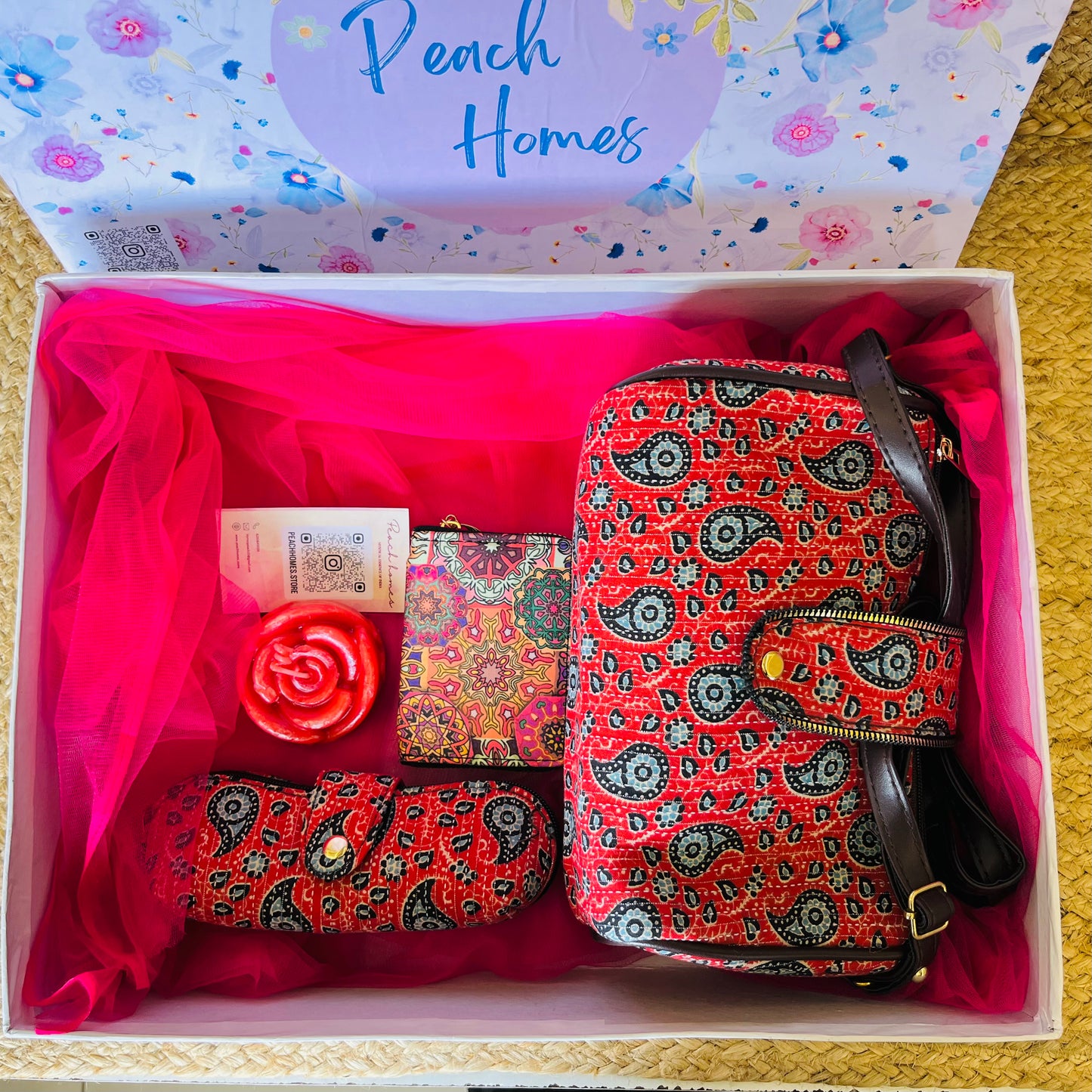 The Scarlet Bloom Hamper- Handblock Printed Red Sling with Matching Goggle Case, Wallet & Free Scented Candle