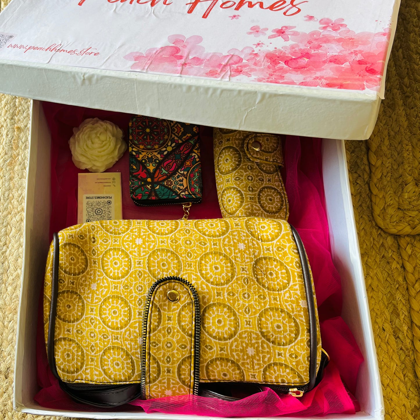 The Sunshine Chic Gift Hamper - Handblock Printed Sling with Matching Goggle Case, Wallet & Free Scented Candle
