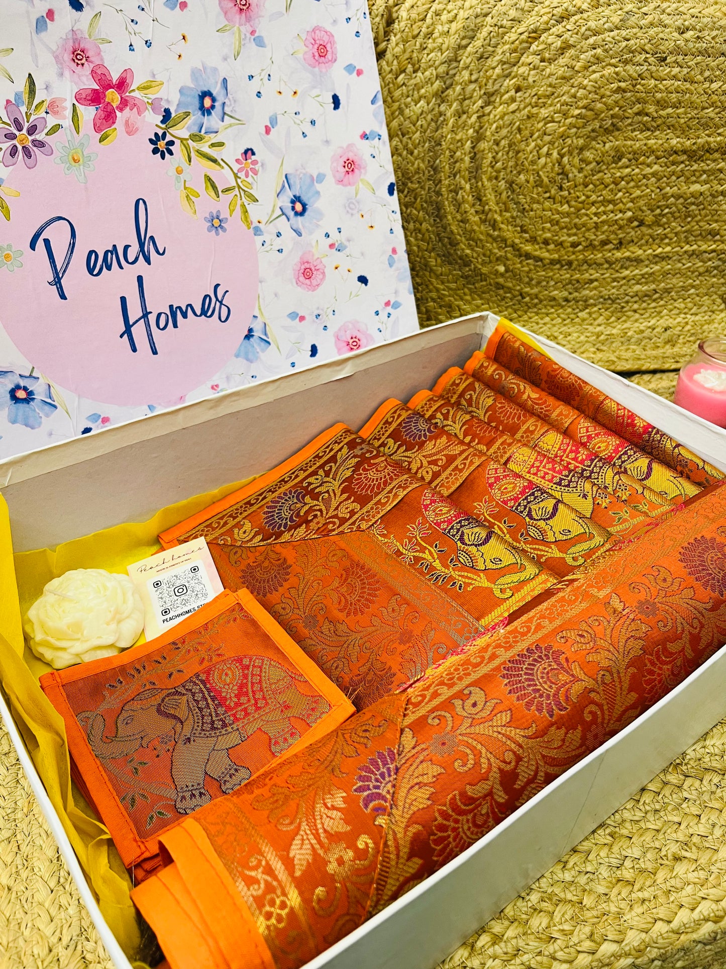 The Royal Saffron Runner Set| Orange Banarasi Silk Dining Hamper
