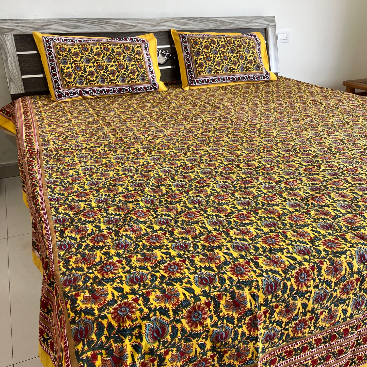 Bright Yellow Floral Handblock Cotton Bedsheet