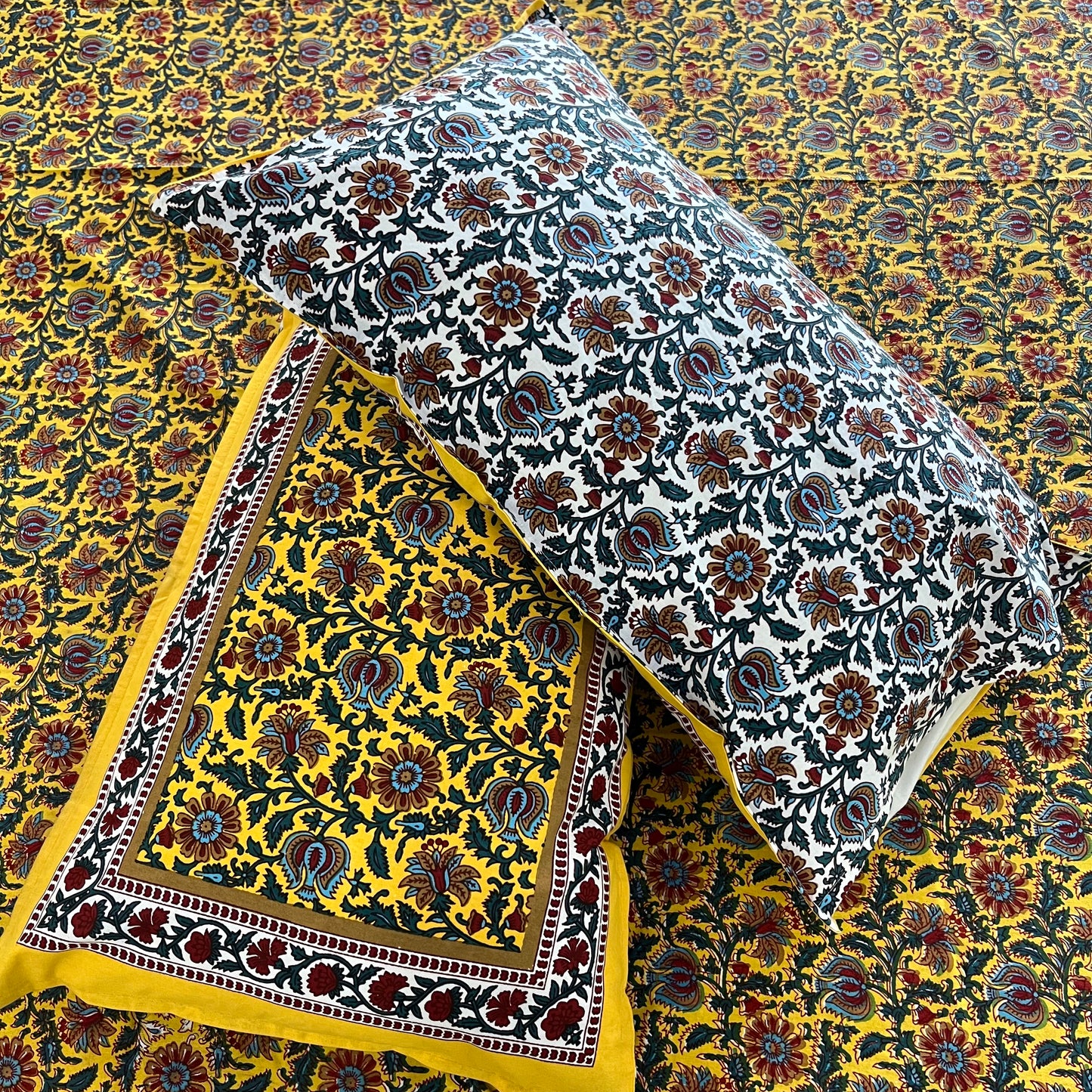 Bright Yellow Floral Handblock Cotton Bedsheet