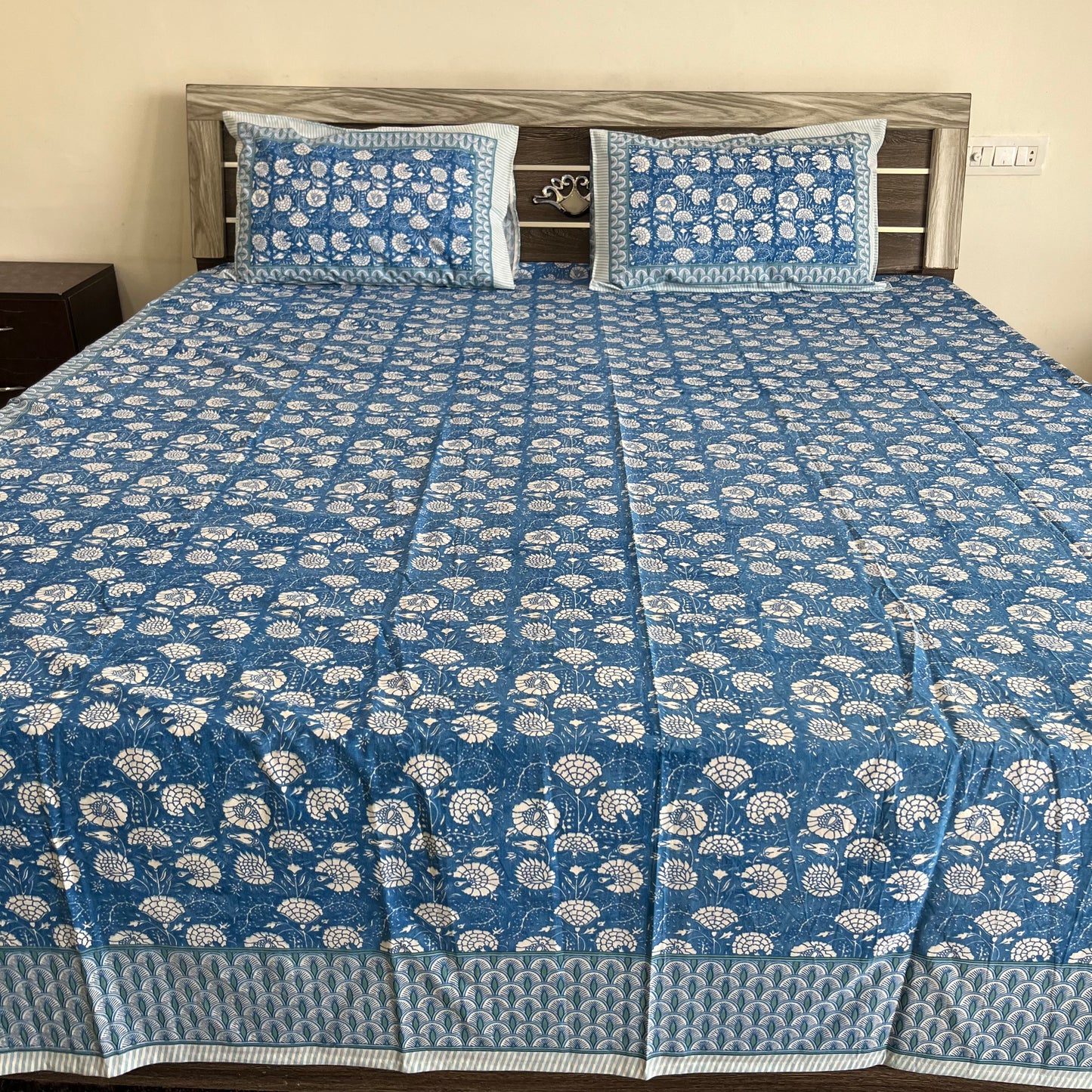 Blue & White Floral Motifs Handblock Cotton Bedsheet