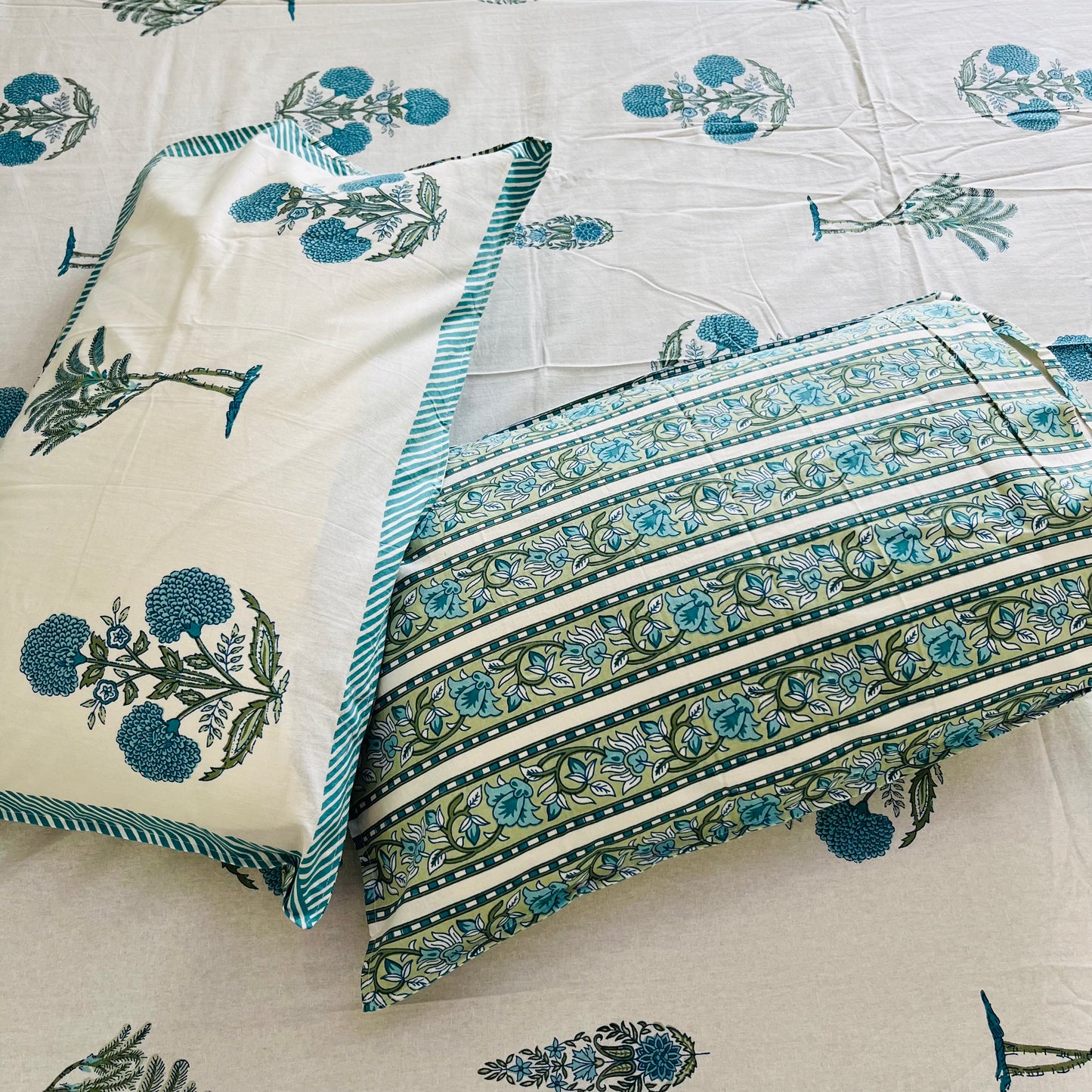 Blue Floral Handblock Printed Cotton Bedsheet