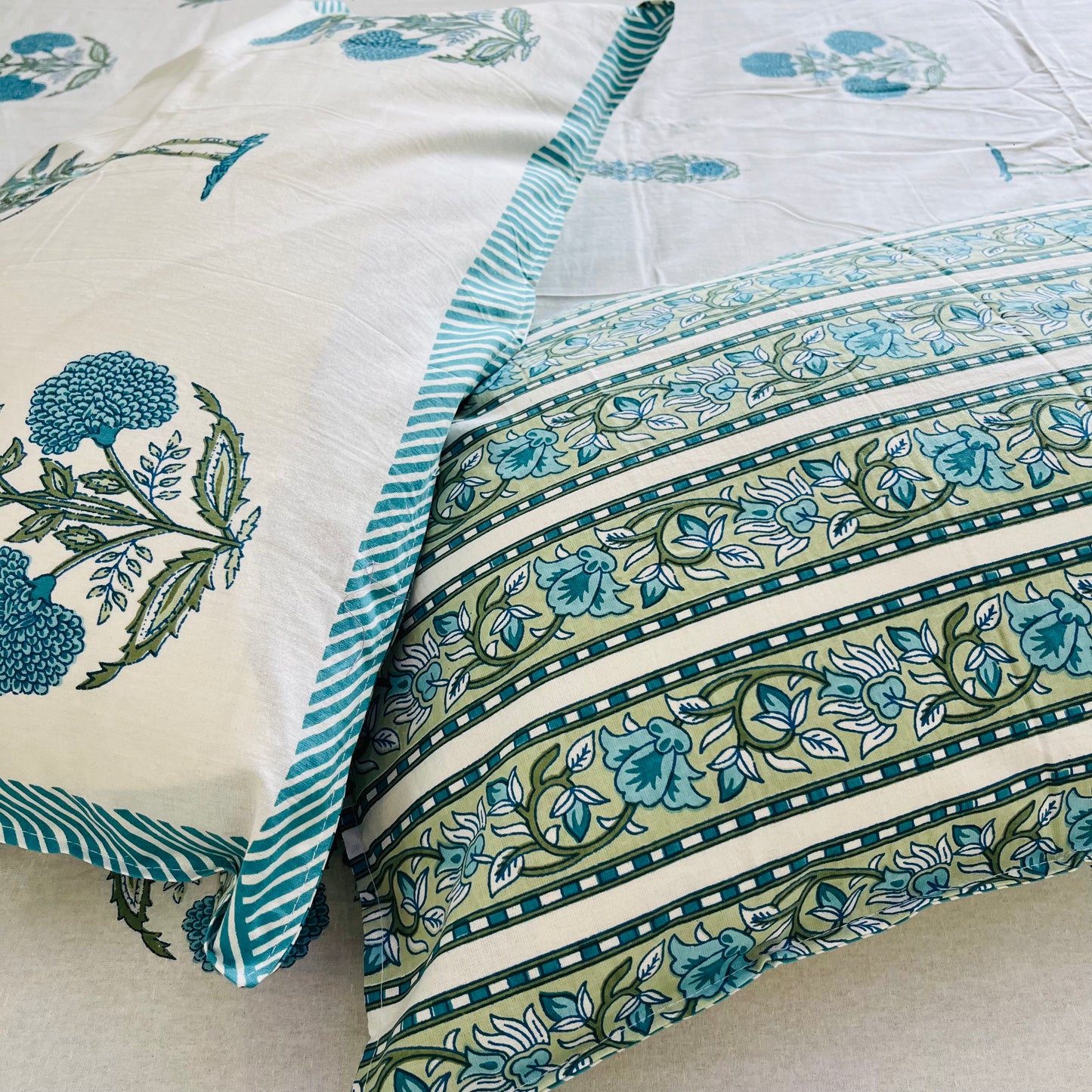 Blue Floral Handblock Printed Cotton Bedsheet