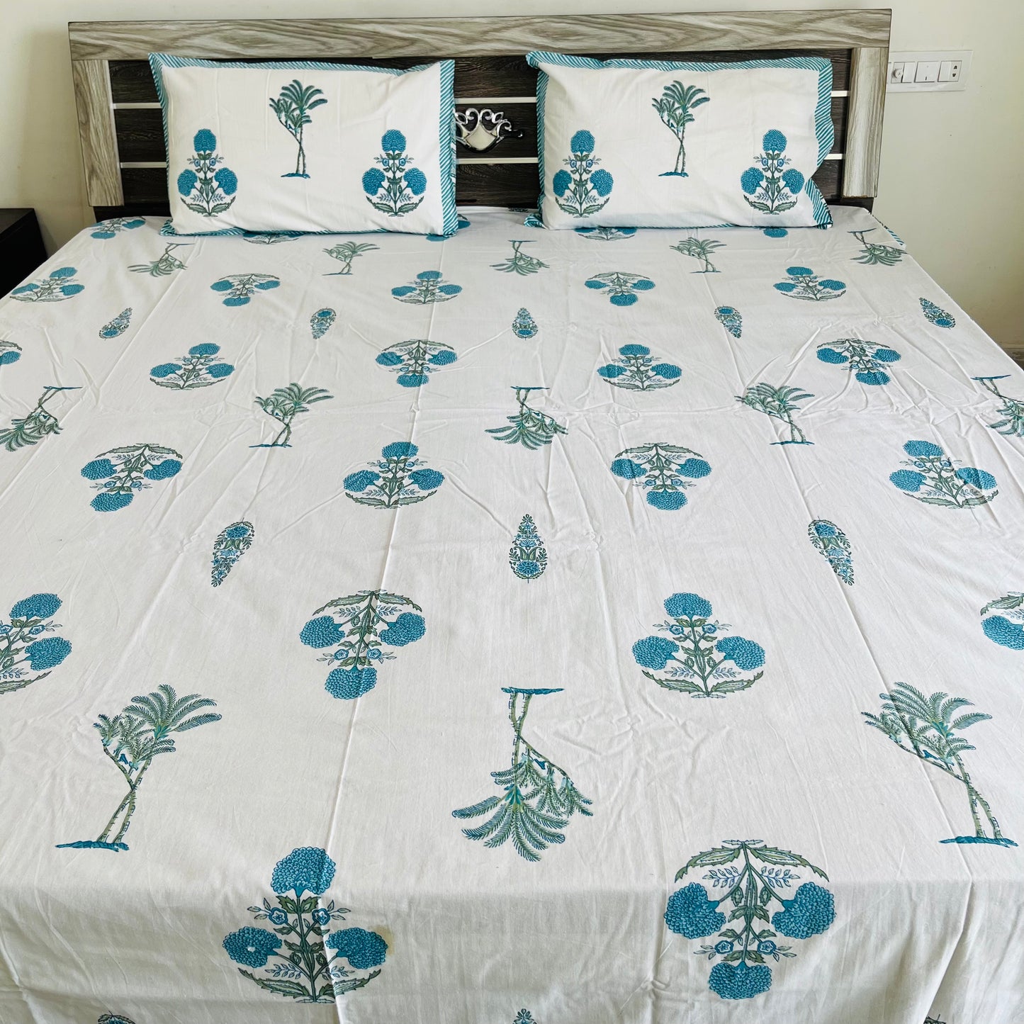 Blue Floral Handblock Printed Cotton Bedsheet