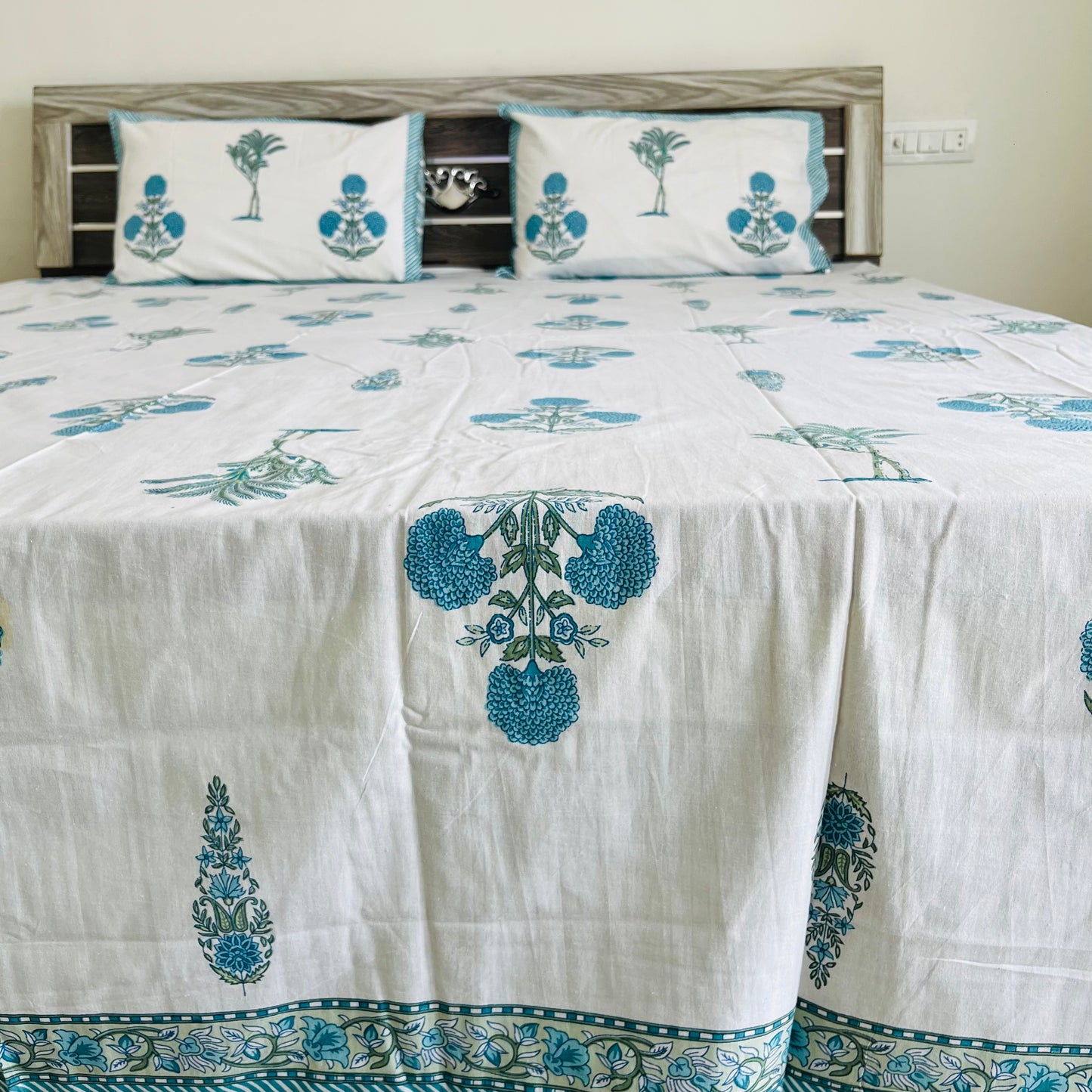 Blue Floral Handblock Printed Cotton Bedsheet