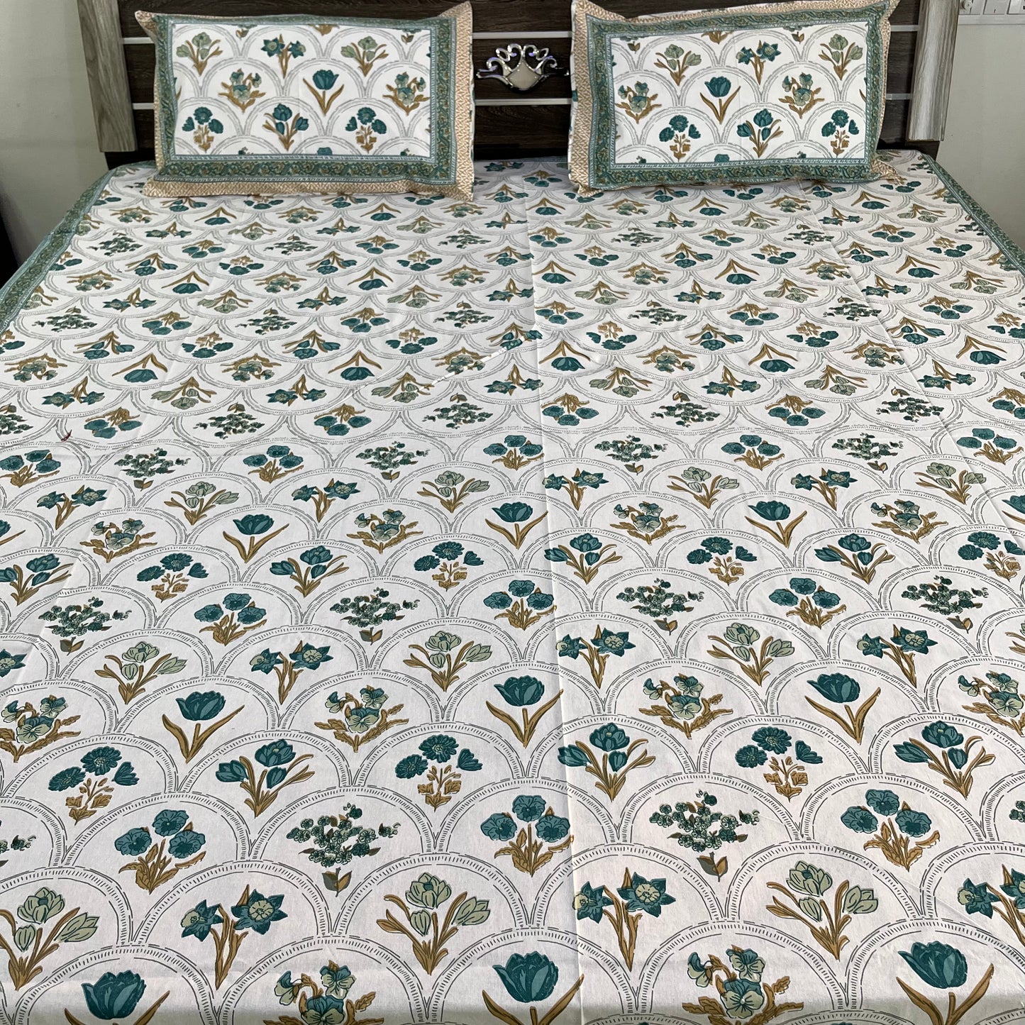 Blue Handblock Cotton Double Bedsheet with 2 Pillow Covers