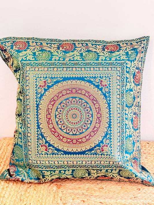 Green Banarasi Silk Festive Cushion Cover – Luxurious Decorative Pillow for Special Occasions