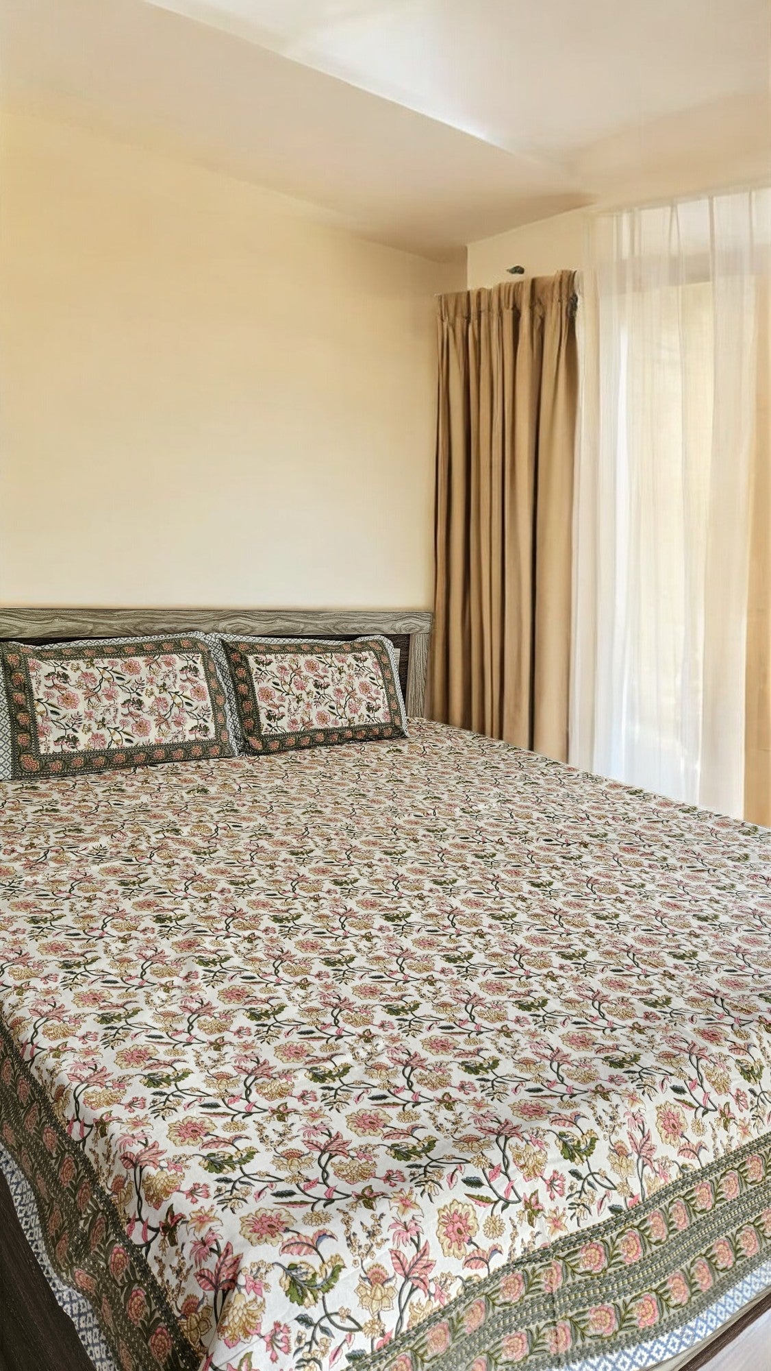 Handblock Floral Print Double Bedsheet (Yellow and Orange)
