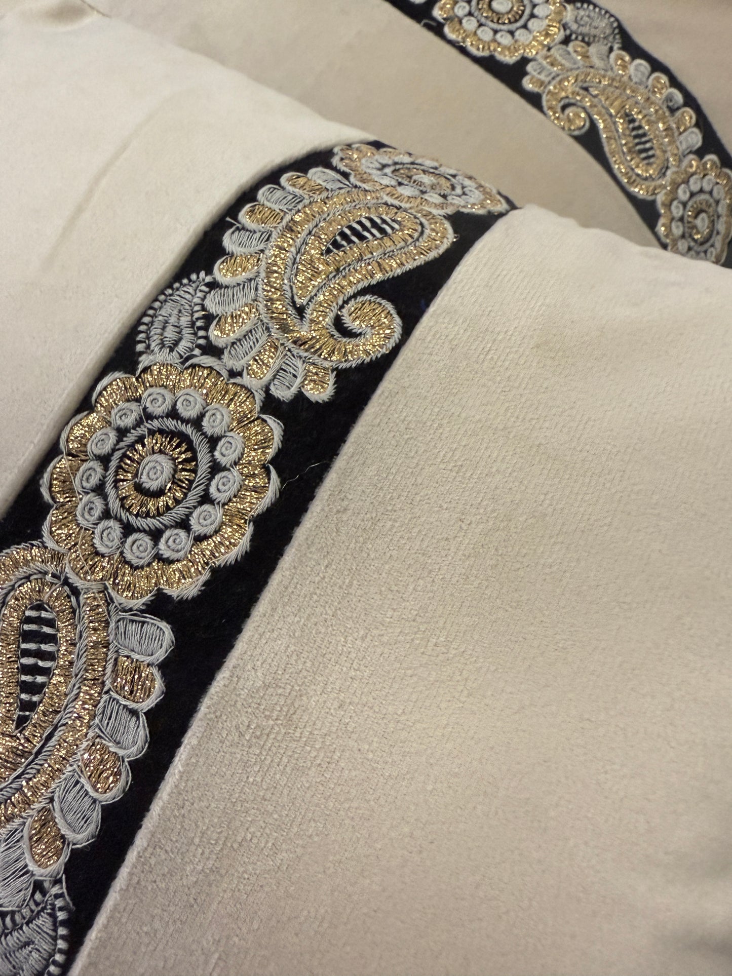 Beige Velvet Black Brocade Cushion Cover – Luxury Decorative Pillow for Elegant Home Décor