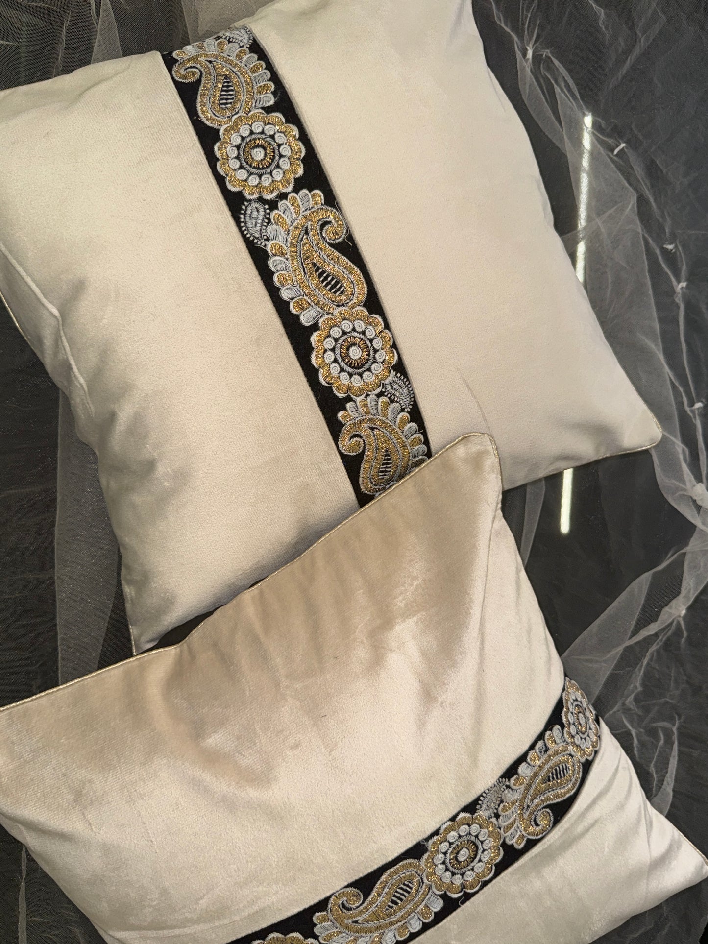 Beige Velvet Black Brocade Cushion Cover – Luxury Decorative Pillow for Elegant Home Décor