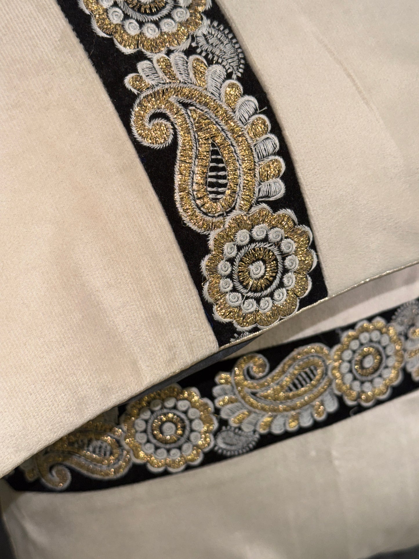 Beige Velvet Black Brocade Cushion Cover – Luxury Decorative Pillow for Elegant Home Décor