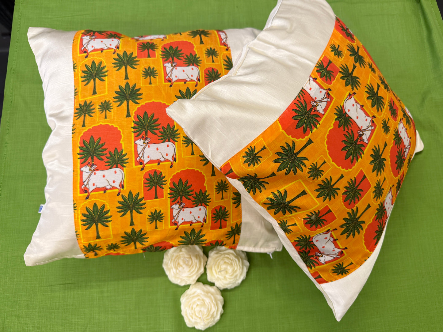 White Satin Yellow Cushion Cover – Luxurious Decorative Pillow for Living Room & Bedroom Decor