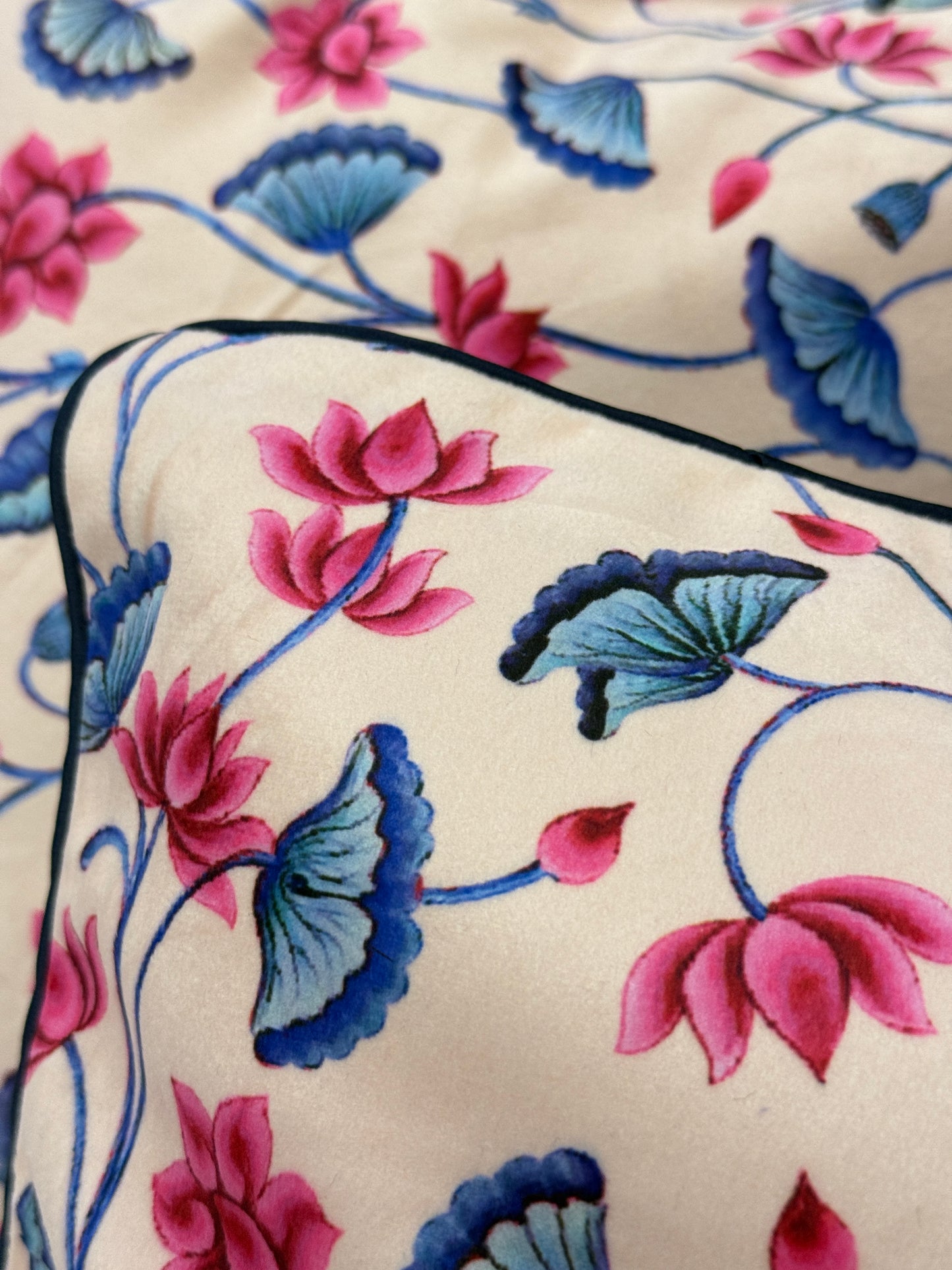 Beige Velvet Cushion Cover with Blue and Pink Design – Size 16*16