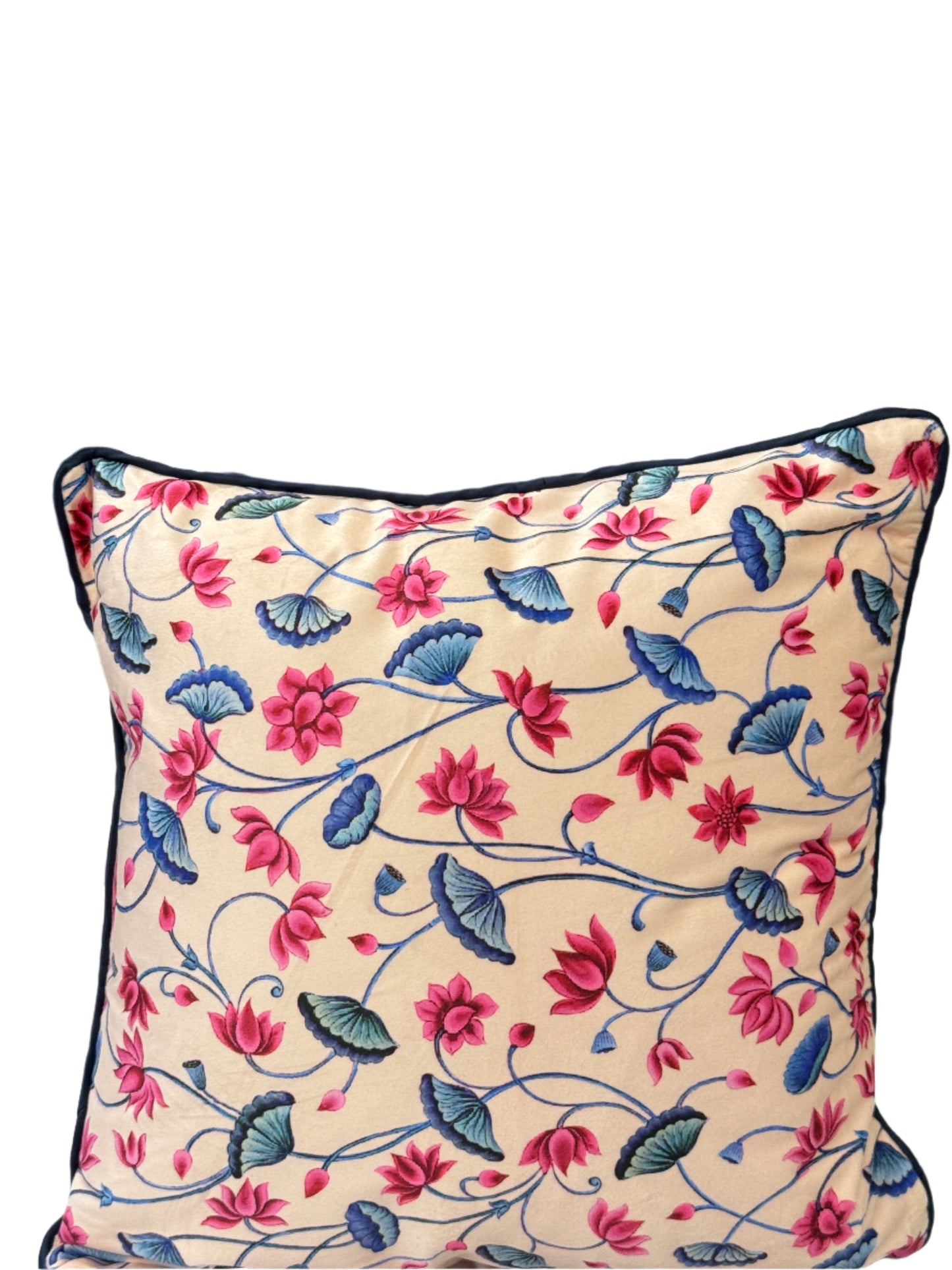 Beige Velvet Cushion Cover with Blue and Pink Design – Elegant Decorative Pillow for Living Room & Bedroom