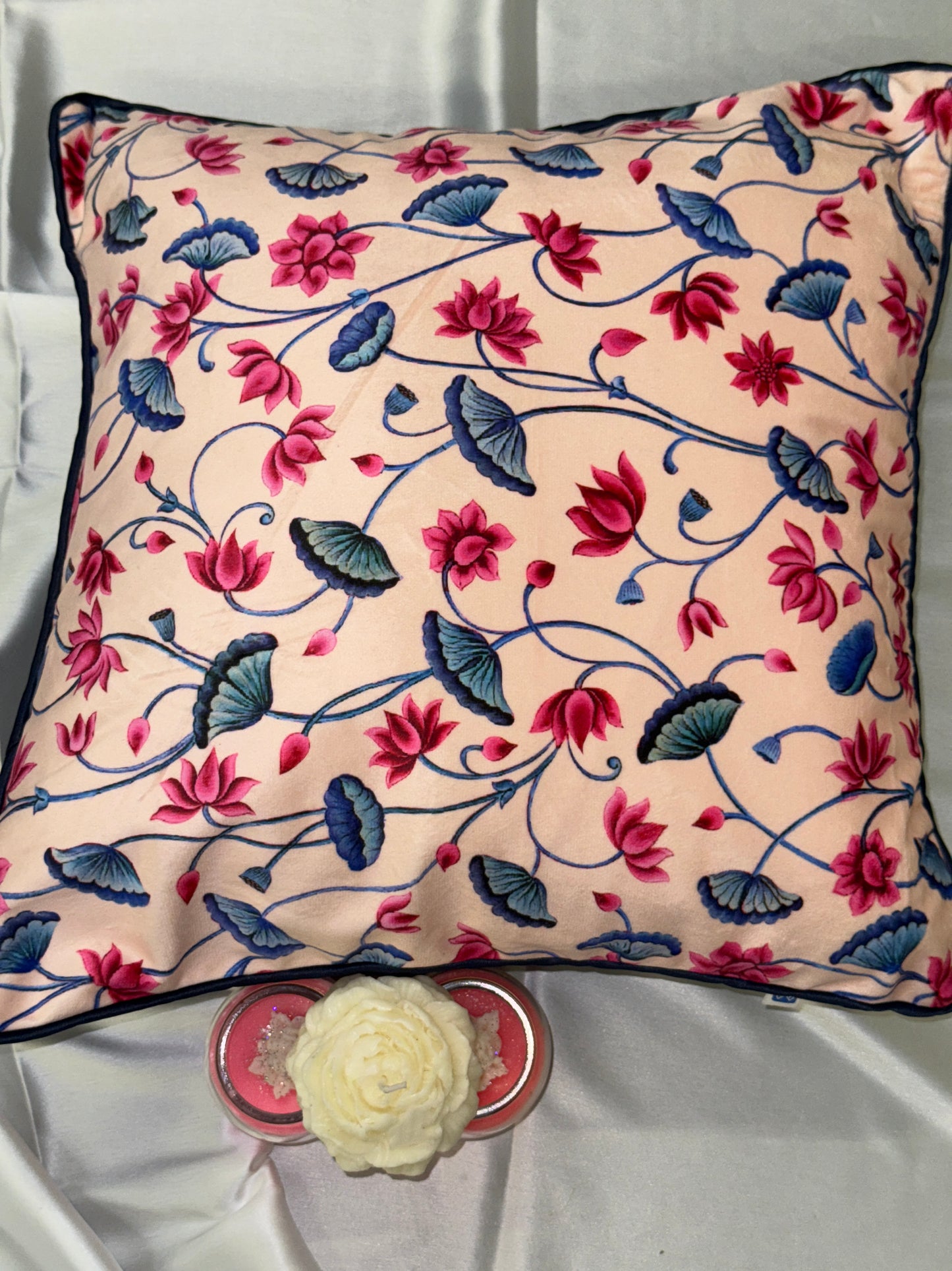 Beige Velvet Cushion Cover with Blue and Pink Design – Elegant Decorative Pillow for Living Room & Bedroom