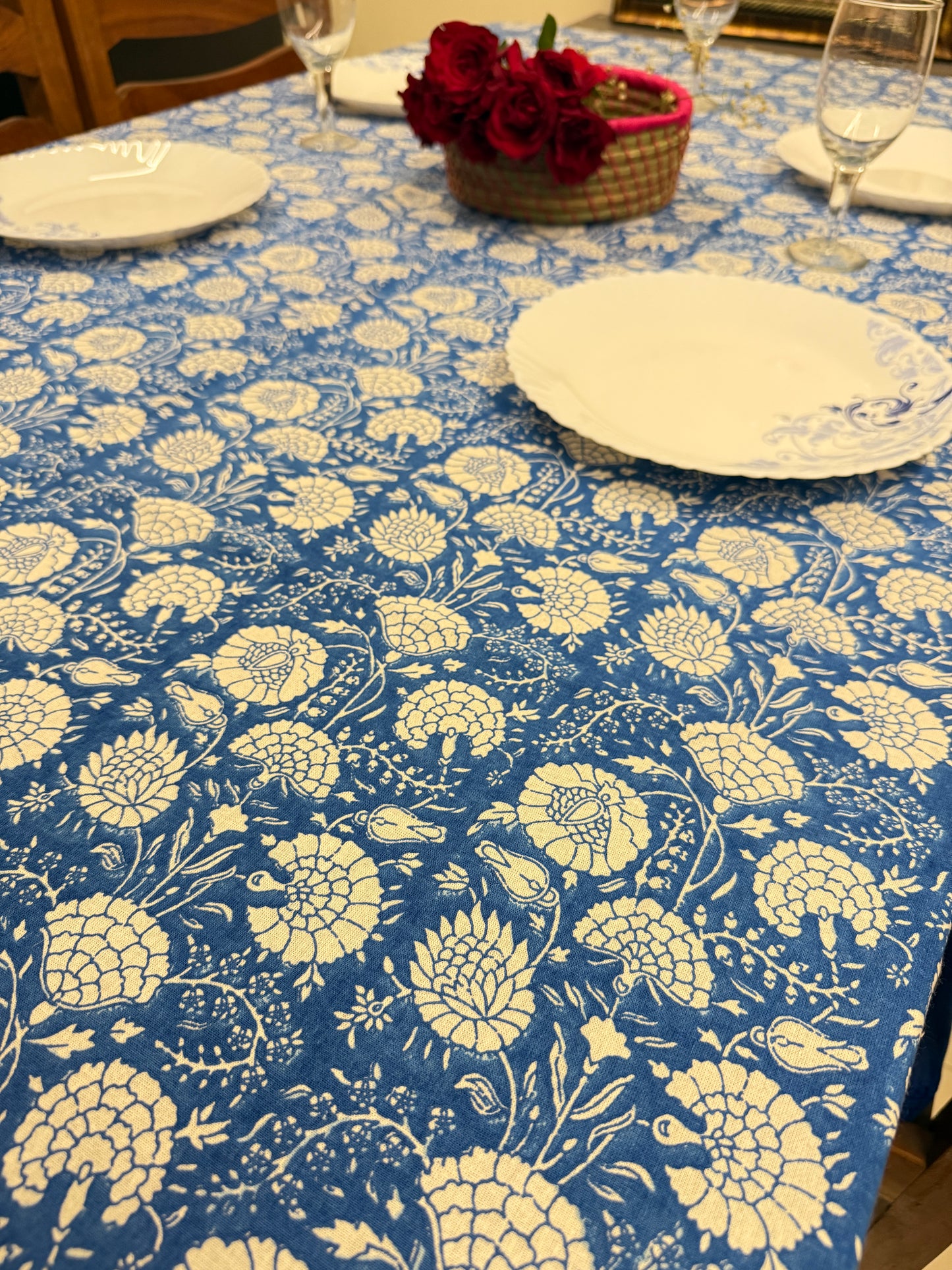 Blue Cotton Handblock Table Cover – 60x90 Inches for 6-Seater Dining Tables