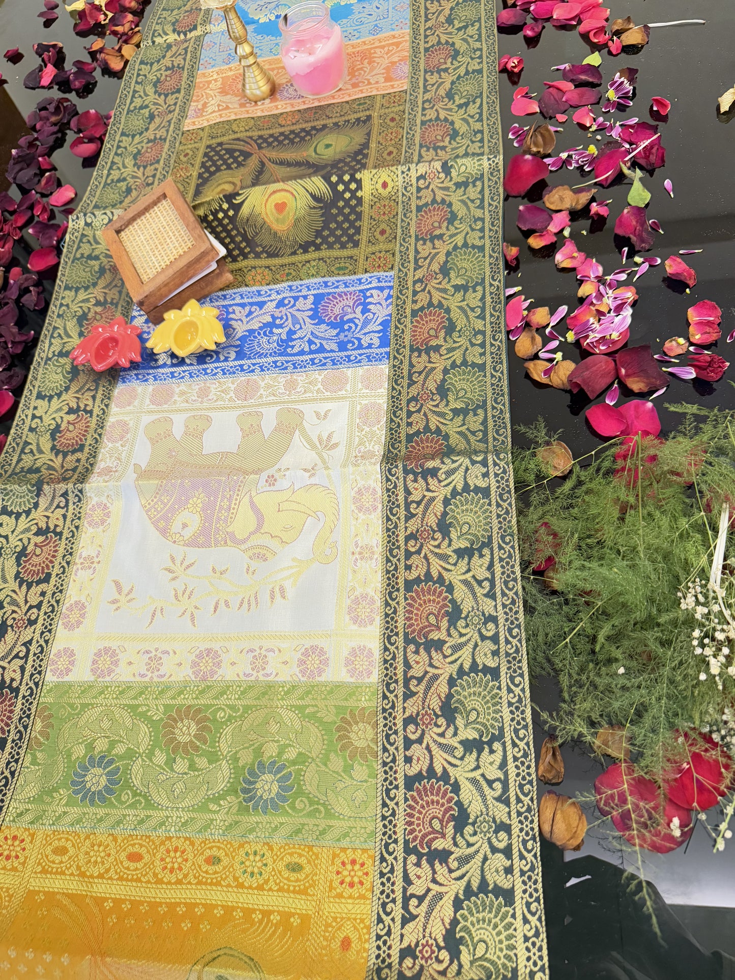 Green Banarasi Silk Patchwork Table Runner – Elegant Handcrafted Brocade & Art Silk Table Décor
