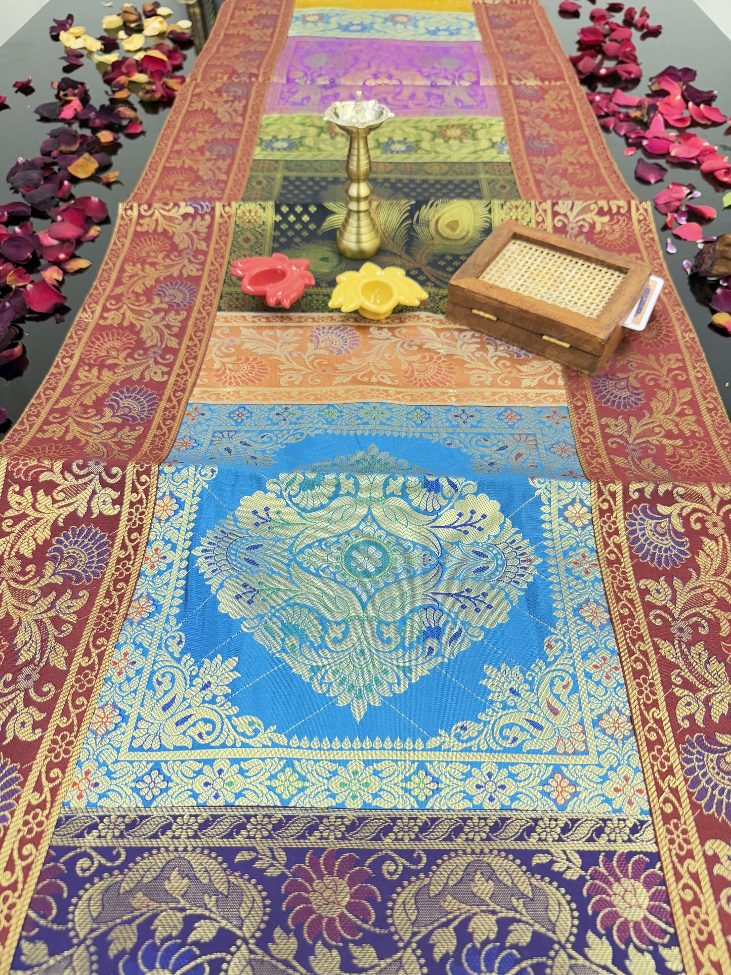 Red Banarasi Silk Patchwork Table Runner – Elegant Brocade & Art Silk Décor Accessory
