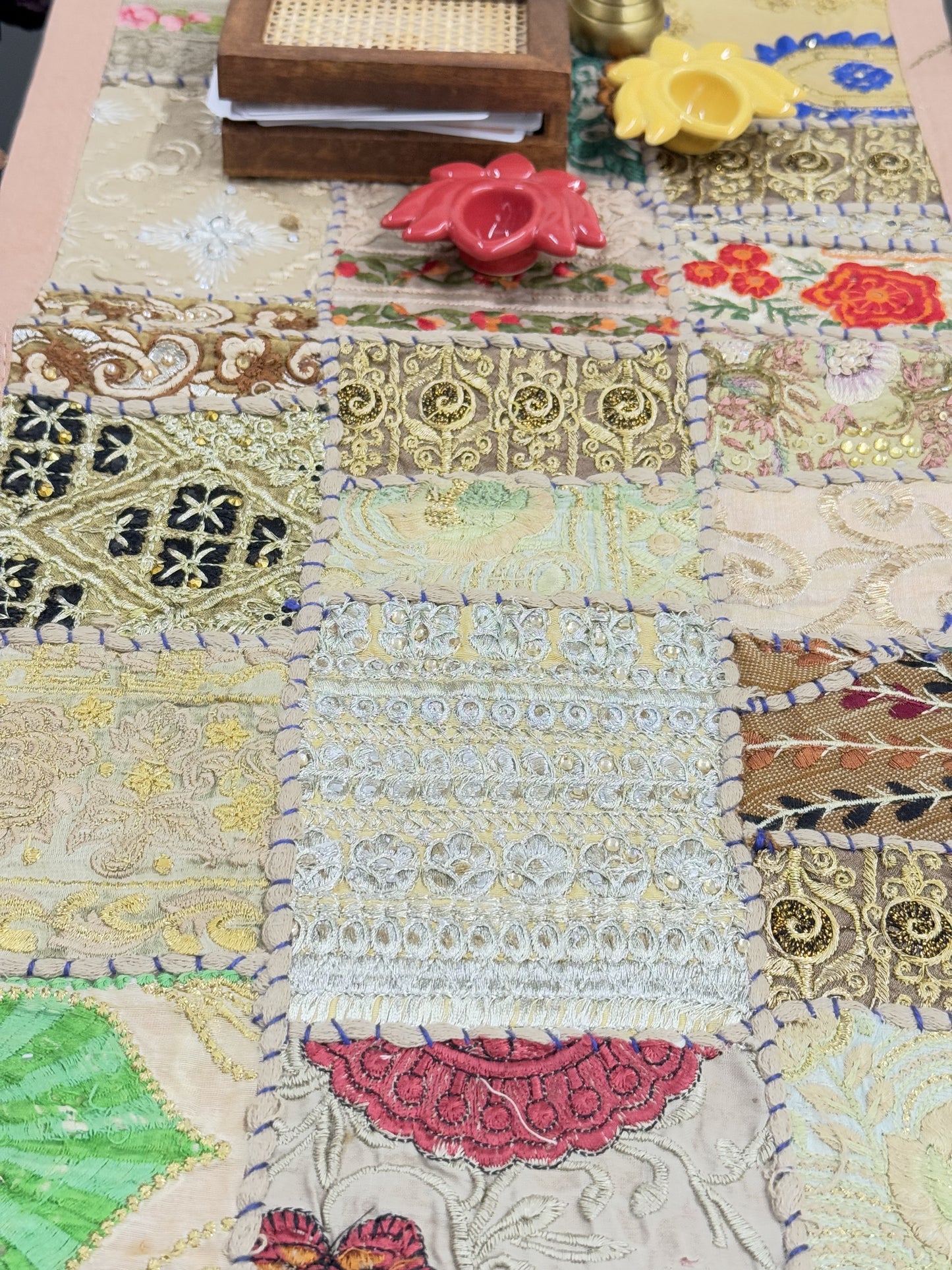 Beige Kambadiya Patchwork Rajasthani Table Runner