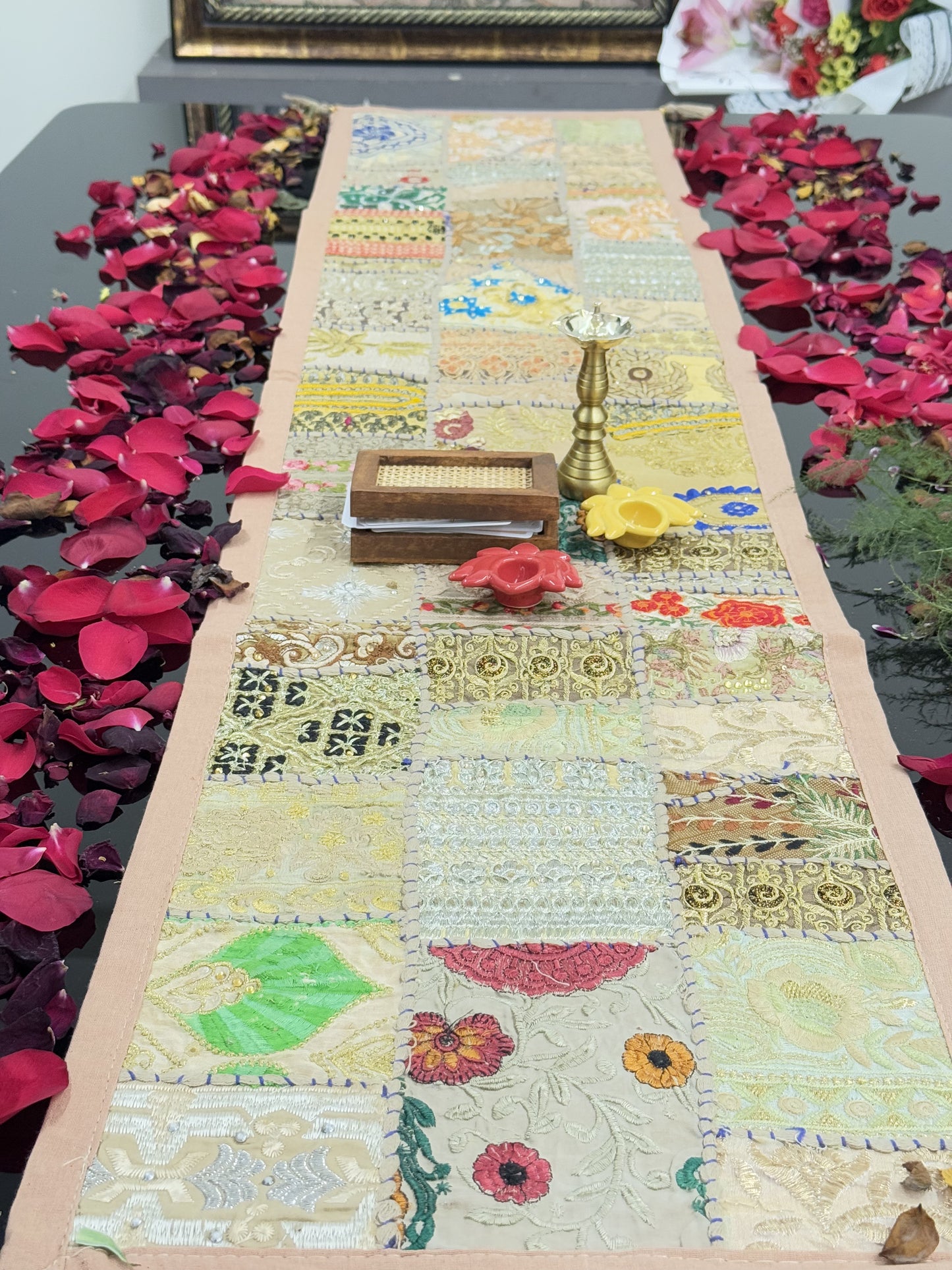 Beige Kambadiya Patchwork Rajasthani Table Runner