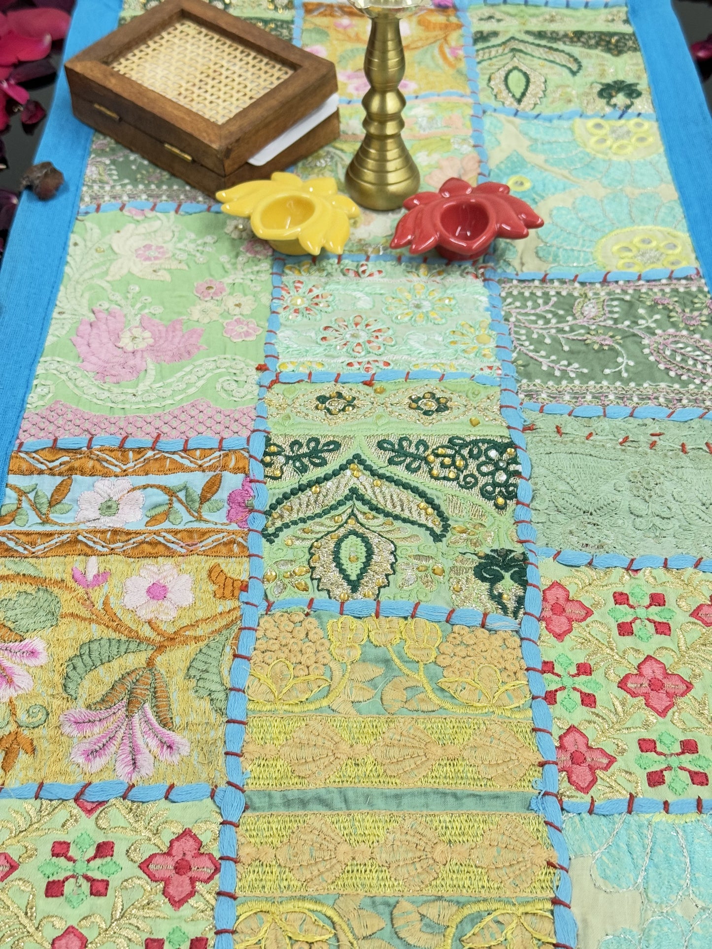 Light Blue Kambadiya Patchwork Table Runner