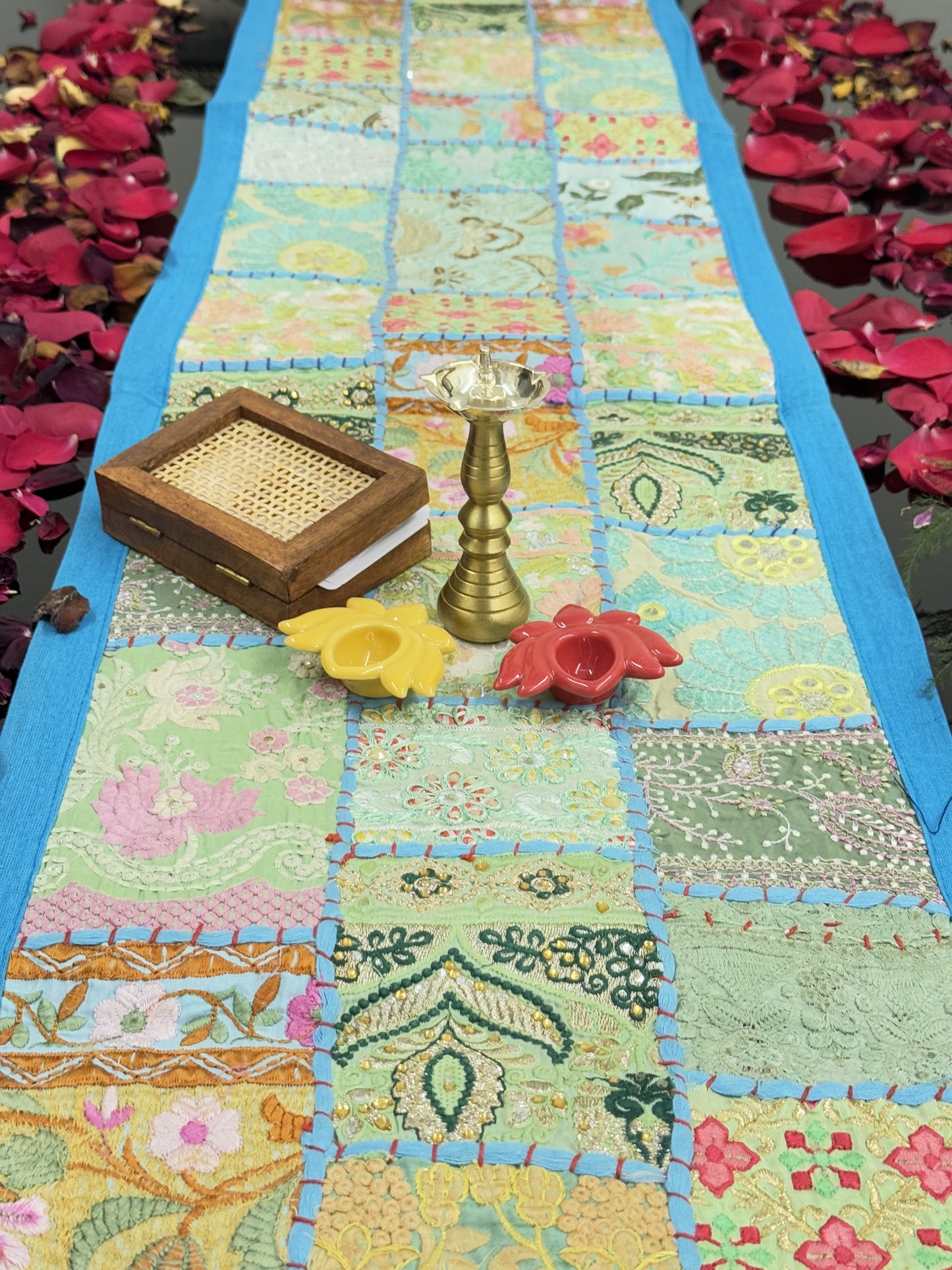 Light Blue Kambadiya Patchwork Table Runner