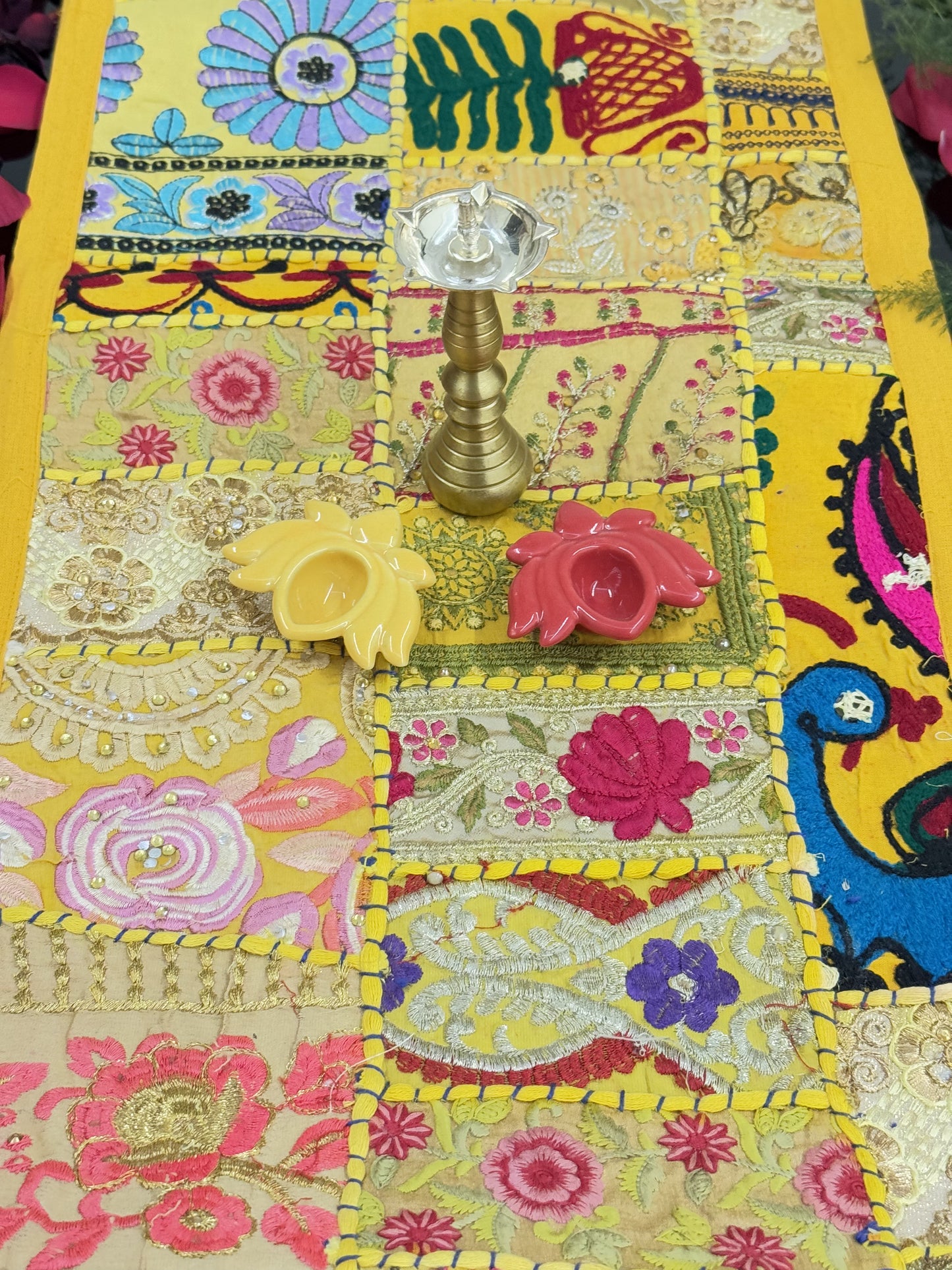 Yellow Kambadiya Patchwork Rajasthani Table Runner