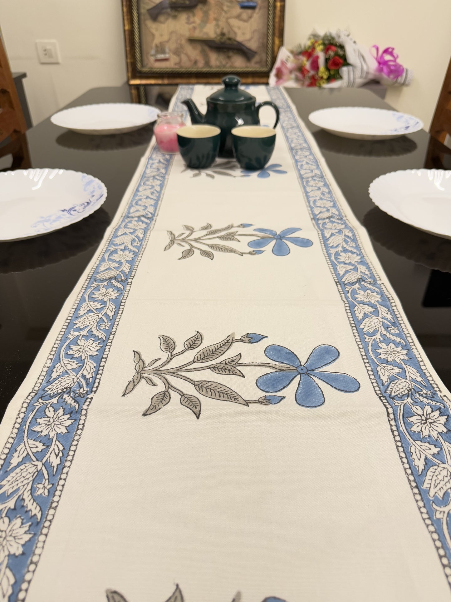 Blue Flower Pure Cotton Rajasthani Handblock Table Runner