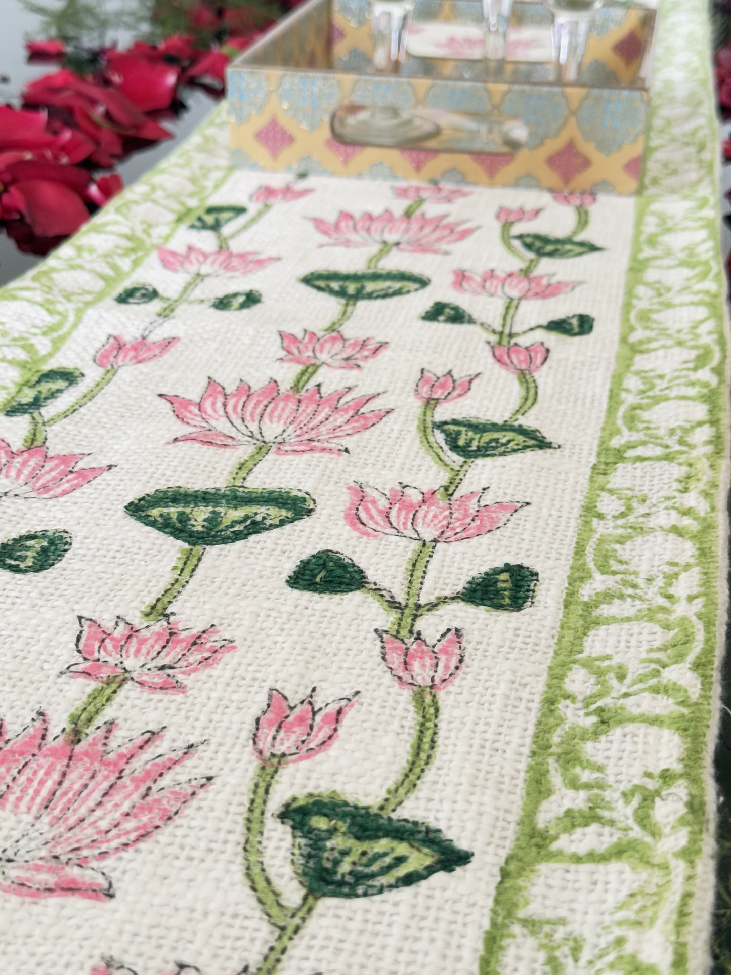 Pink Lotus Handblock Premium Jute Table Runner