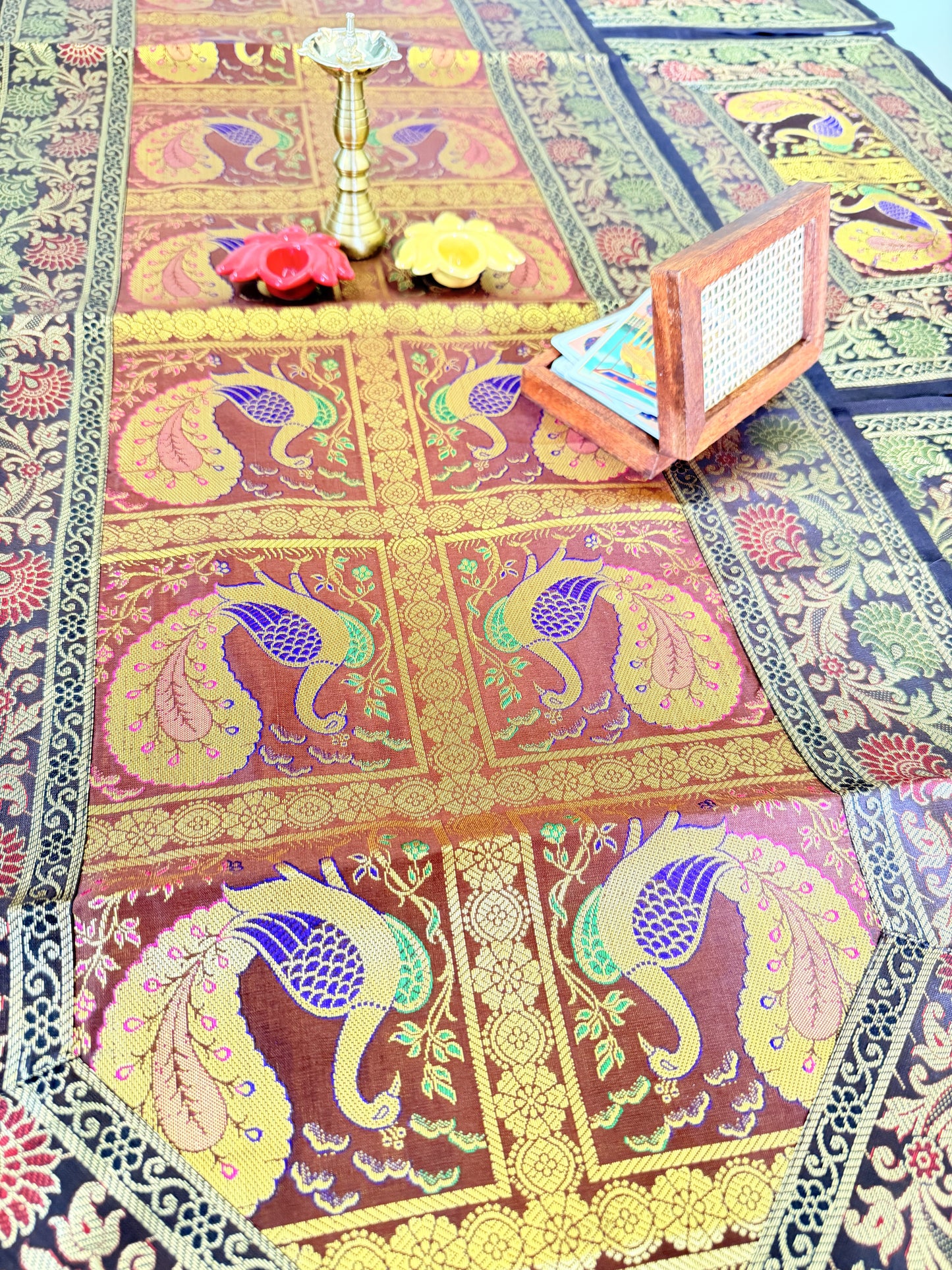 Banarasi Silk Decorative and Festive Dining Table Runner Set with 6 coasters and 6 Placemats